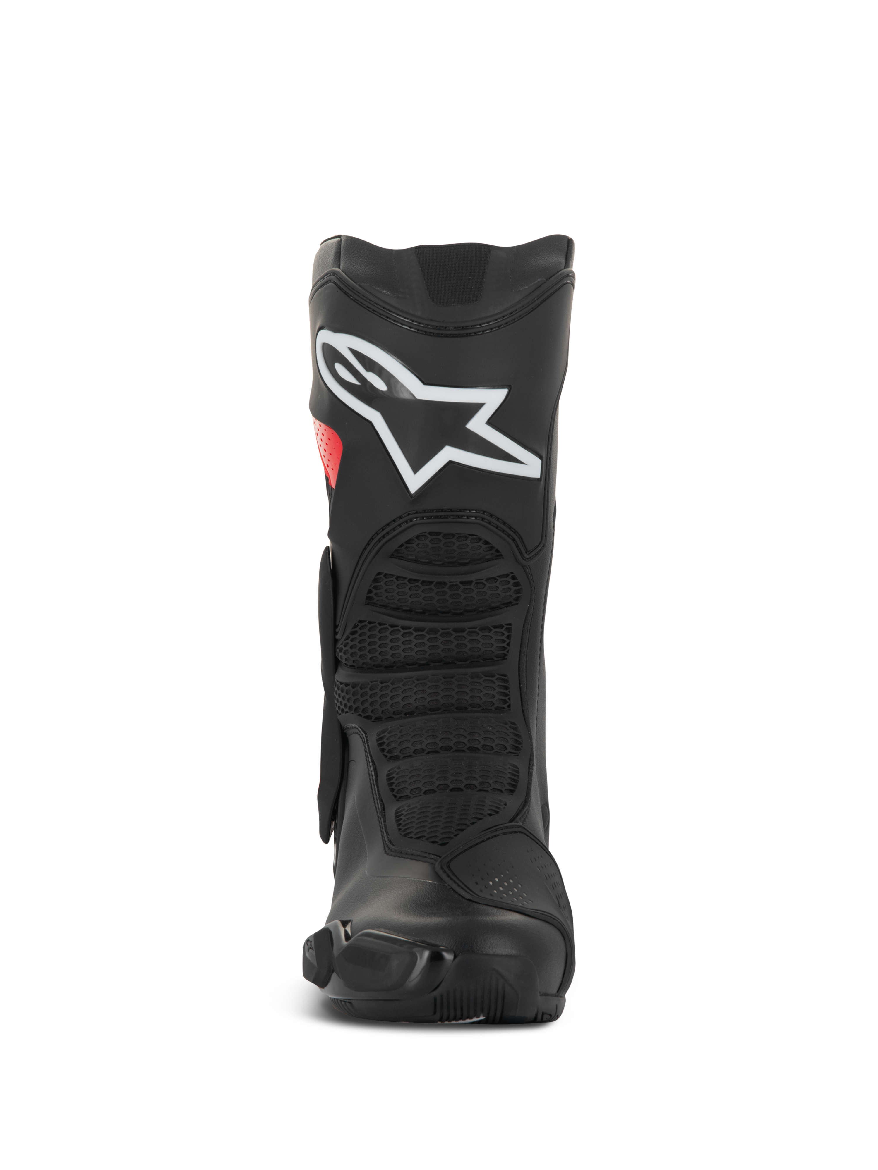 Buty Alpinestars SMX-6 V3 Drystar®, wyczynowe buty motocyklowe, czarno-czerwone, widok z przodu z dużym białym logo na goleni, teksturowane przednie strefy zgięcia i smukła, ochronna konstrukcja