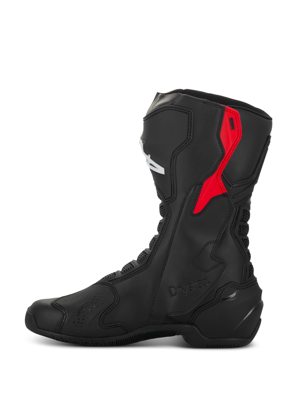 Buty Alpinestars SMX-6 V3 Drystar, wyczynowe buty motocyklowe, czarno-czerwone, wyposażone w czerwony górny ochraniacz łydki z TPU, wytłoczone oznaczenie Drystar i smukłą konstrukcję z mikrofibry, widok z boku