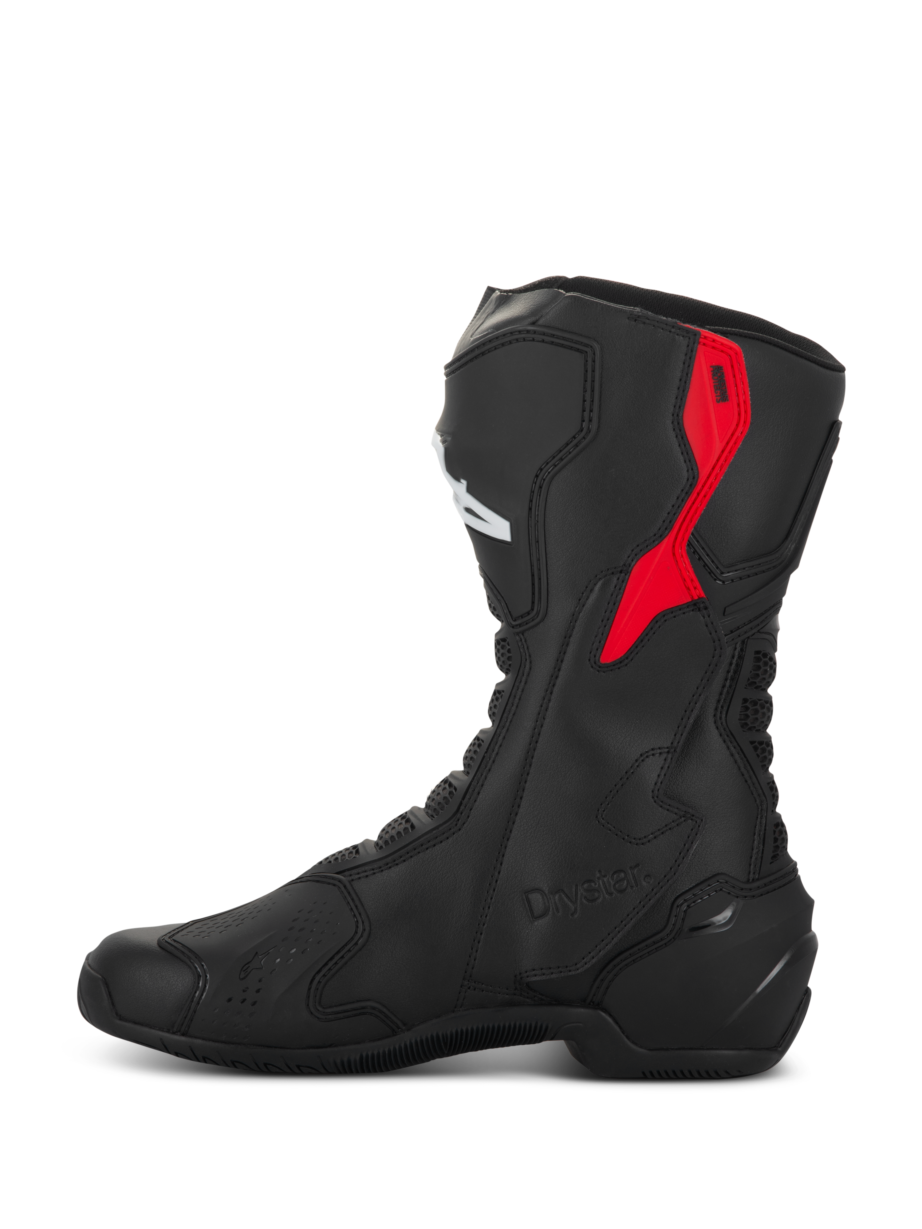 Buty Alpinestars SMX-6 V3 Drystar, wyczynowe buty motocyklowe, czarno-czerwone, wyposażone w czerwony górny ochraniacz łydki z TPU, wytłoczone oznaczenie Drystar i smukłą konstrukcję z mikrofibry, widok z boku