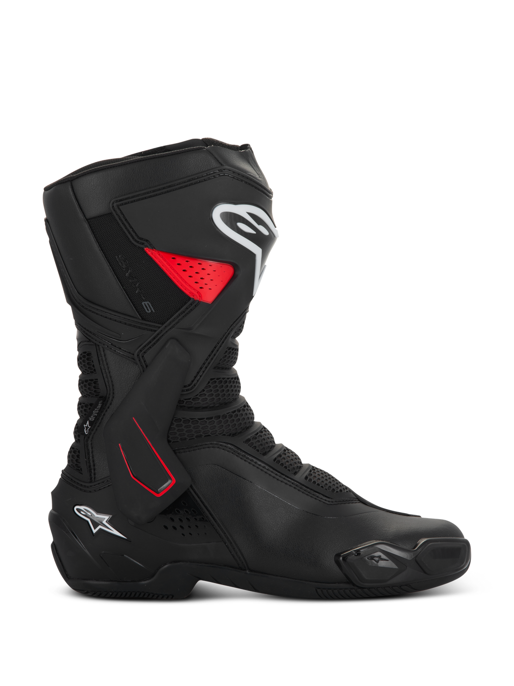Buty Alpinestars SMX-6 V3 Drystar, sportowe buty motocyklowe, czarne z czerwonymi i białymi akcentami, widok z boku, wodoodporna konstrukcja z mikrofibry, boczna osłona kostki TPU z czerwonymi detalami, białe logo na goleni i pięcie, zintegrowany slider i siatkowe strefy elastyczne