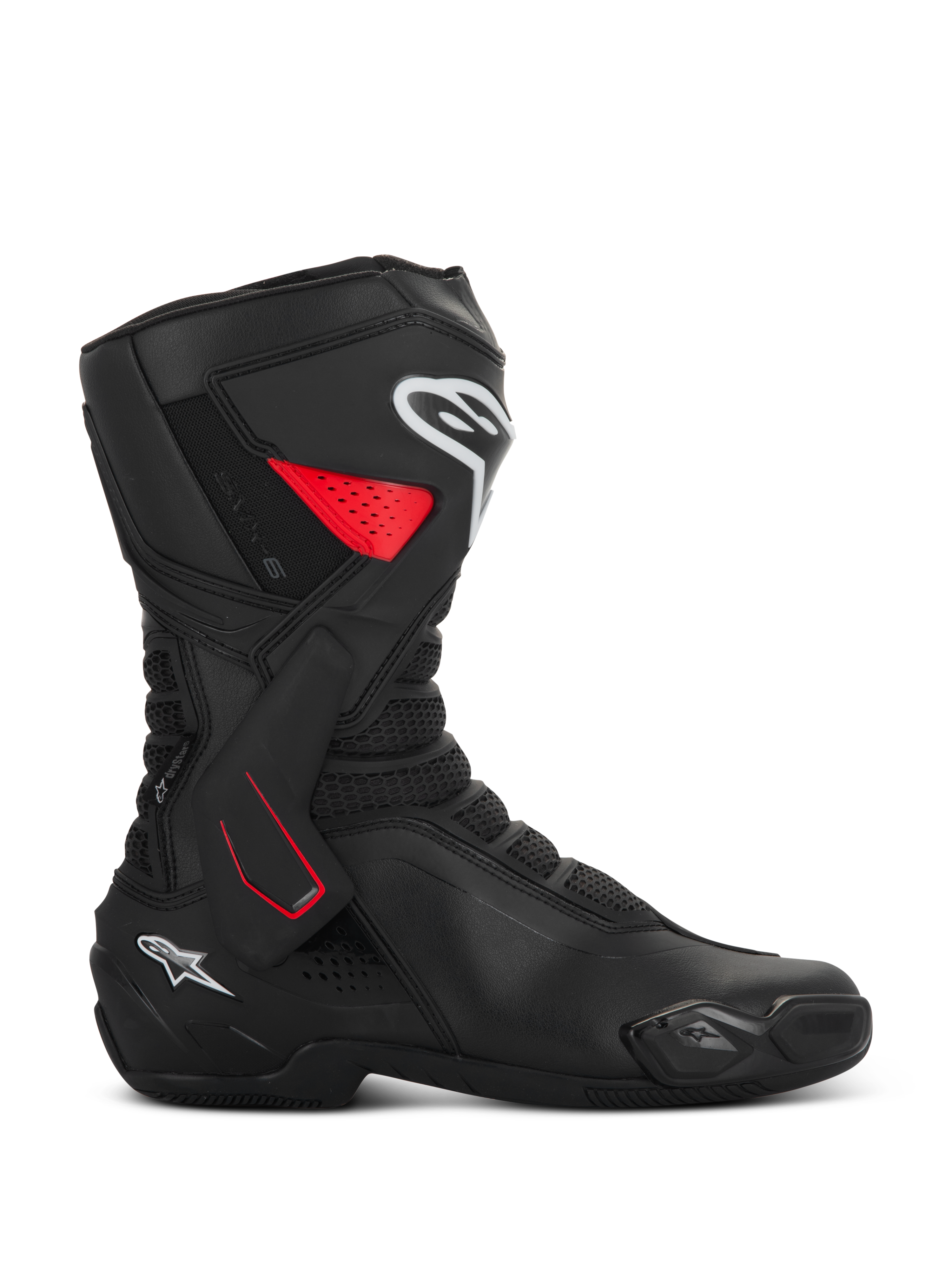 Buty Alpinestars SMX-6 V3 Drystar, sportowe buty motocyklowe, czarne z czerwonymi i białymi akcentami, widok z boku, wodoodporna konstrukcja z mikrofibry, boczna osłona kostki TPU z czerwonymi detalami, białe logo na goleni i pięcie, zintegrowany slider i siatkowe strefy elastyczne
