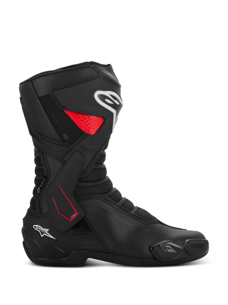 Alpinestars SMX-6 V3 Drystar Boots, motorcycle sport riding boots, black with red and white accents, side profile view, waterproof microfiber construction, TPU lateral ankle brace with red detailing, white logos on the shin and heel, integrated toe slider and mesh flex zones