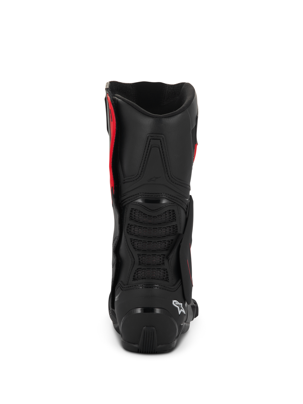 Buty Alpinestars SMX-6 V3 Drystar®, czarno-czerwone, widok z tyłu prezentujący osłonę pięty z TPU i ochronę łydki, wyczynowe obuwie motocyklowe o wodoodpornej konstrukcji z mikrofibry