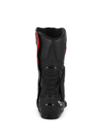 Buty Alpinestars SMX-6 V3 Drystar®, czarno-czerwone, widok z tyłu prezentujący osłonę pięty z TPU i ochronę łydki, wyczynowe obuwie motocyklowe o wodoodpornej konstrukcji z mikrofibry