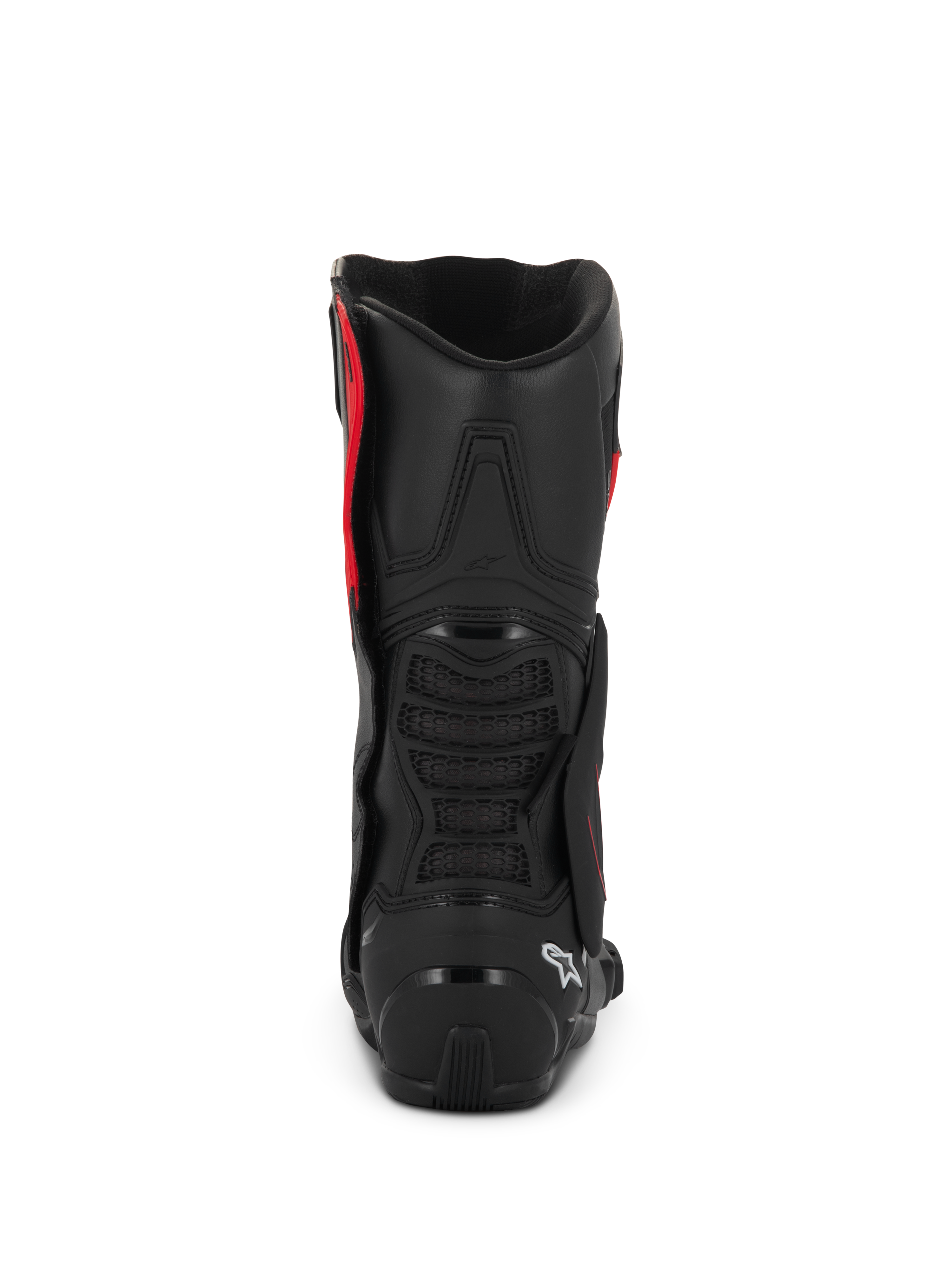 Buty Alpinestars SMX-6 V3 Drystar®, czarno-czerwone, widok z tyłu prezentujący osłonę pięty z TPU i ochronę łydki, wyczynowe obuwie motocyklowe o wodoodpornej konstrukcji z mikrofibry