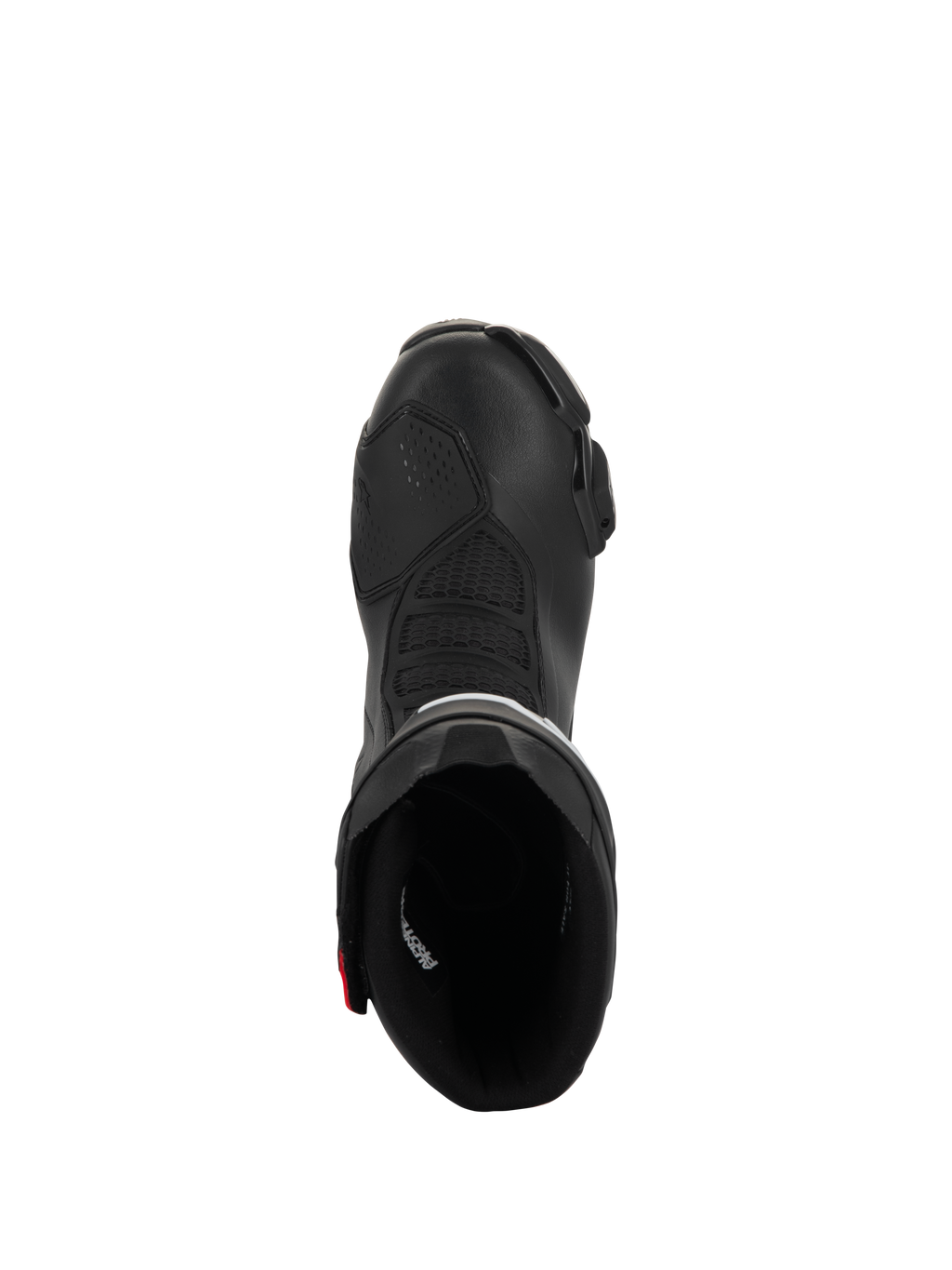 Buty Alpinestars SMX-6 V3 Drystar, wyczynowe buty motocyklowe, czarne z czerwonymi akcentami, widok z góry zaglądający do wnętrza buta, z teksturowanymi strefami zgięcia i konstrukcją z mikrofibry