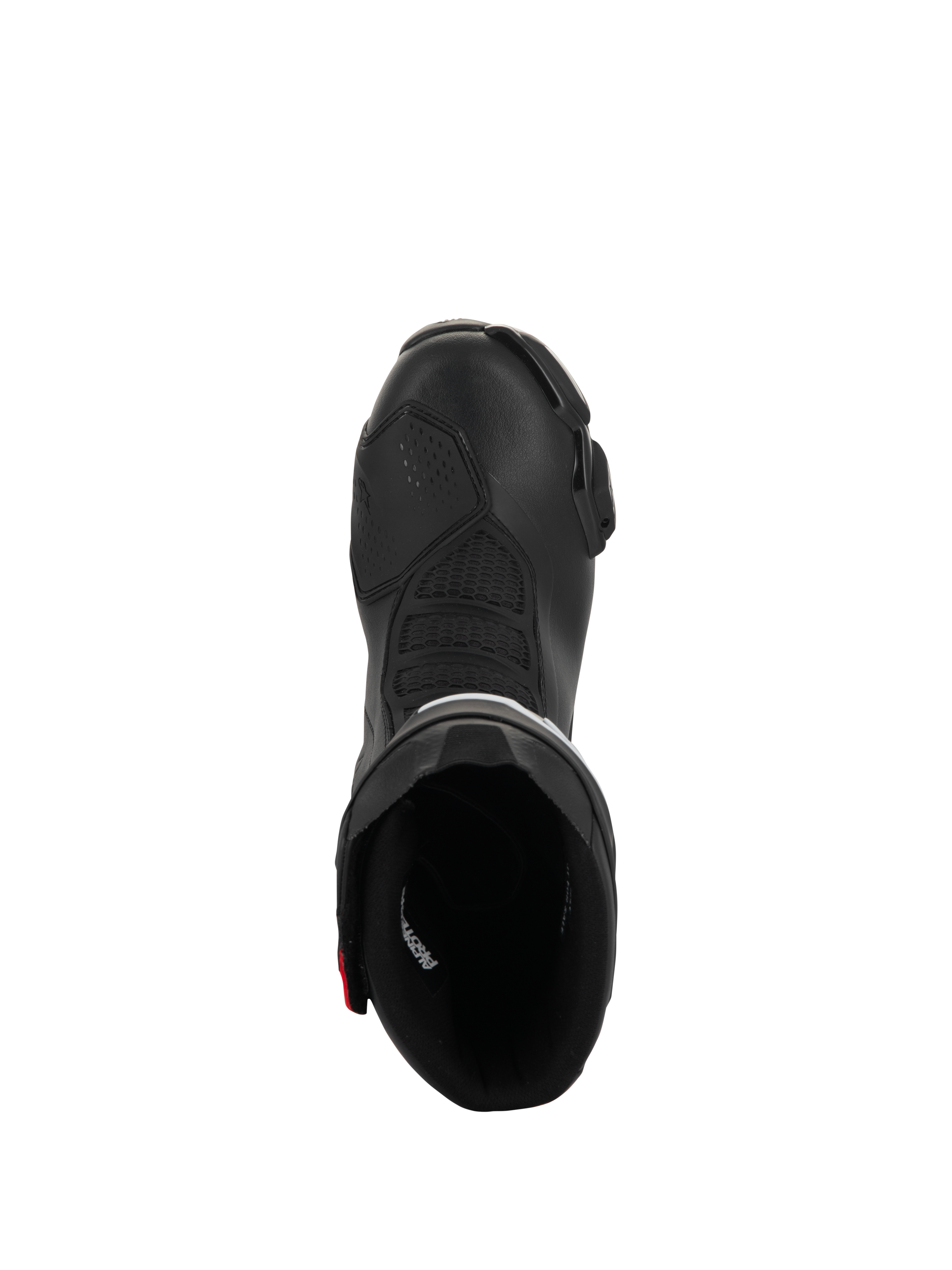 Buty Alpinestars SMX-6 V3 Drystar, wyczynowe buty motocyklowe, czarne z czerwonymi akcentami, widok z góry zaglądający do wnętrza buta, z teksturowanymi strefami zgięcia i konstrukcją z mikrofibry