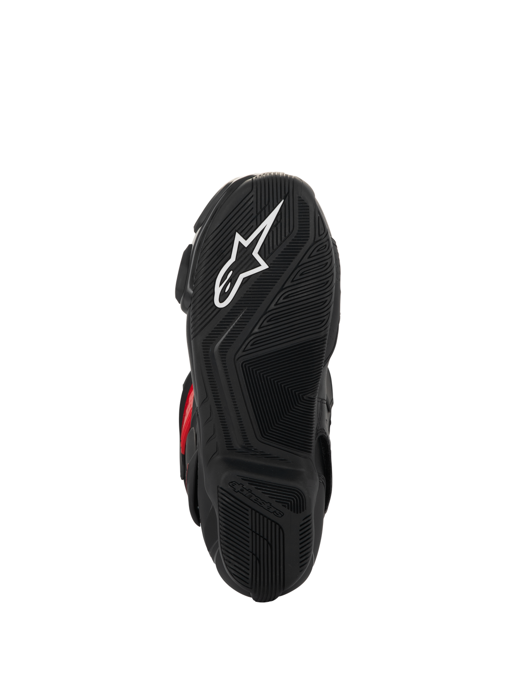 Buty Alpinestars SMX-6 V3 Drystar®, widok podeszwy, czarna teksturowana guma zapewniająca przyczepność, białe logo gwiazdy i wytłaczany napis Alpinestars, profesjonalne obuwie motocyklowe