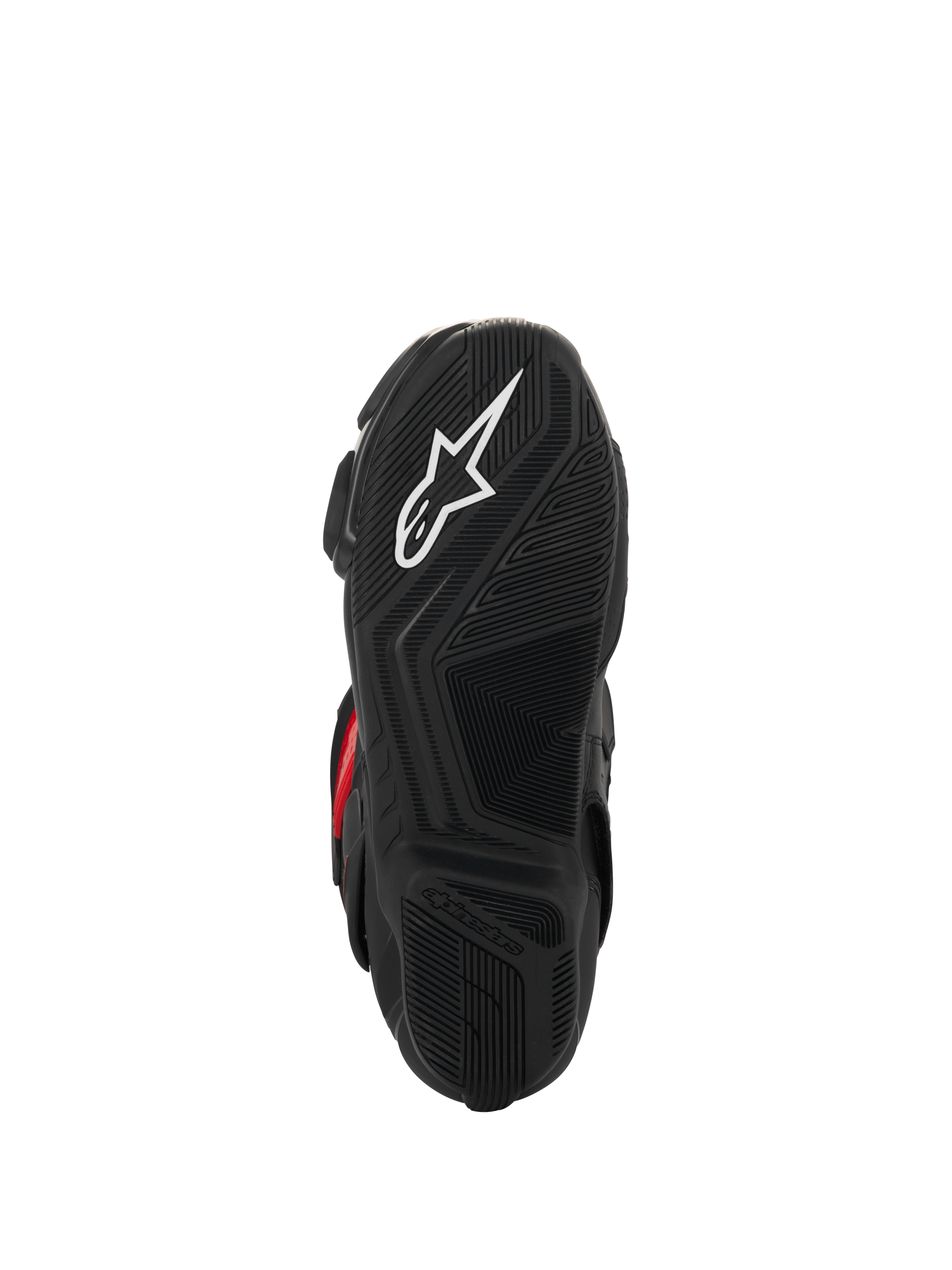 Buty Alpinestars SMX-6 V3 Drystar®, widok podeszwy, czarna teksturowana guma zapewniająca przyczepność, białe logo gwiazdy i wytłaczany napis Alpinestars, profesjonalne obuwie motocyklowe