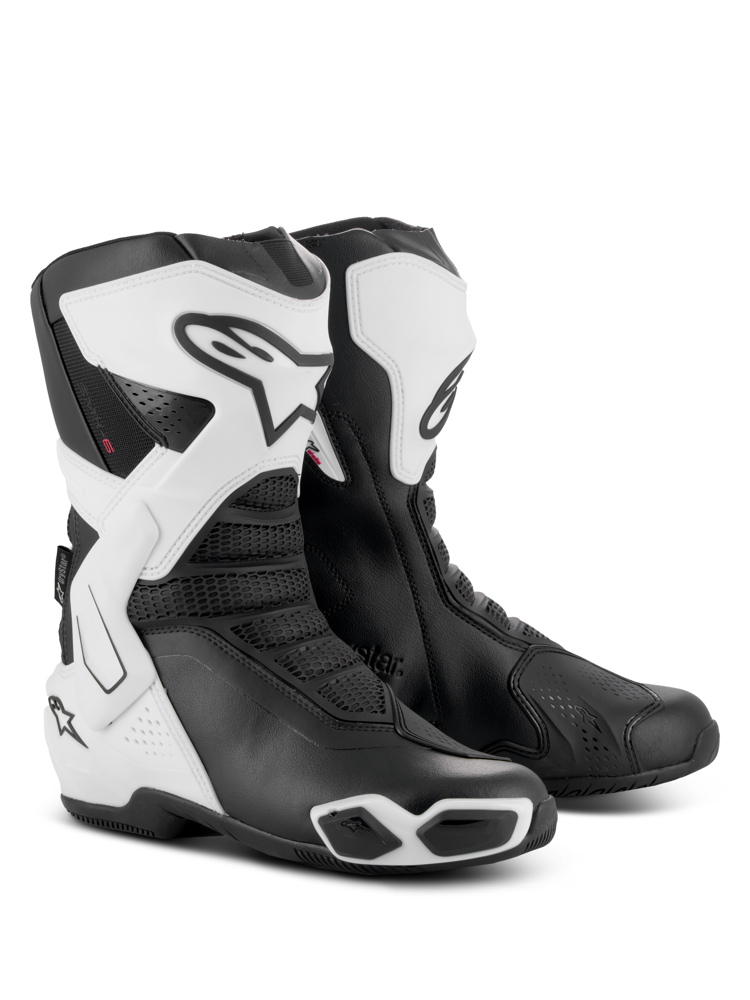Buty Alpinestars Stella SMX-6 V3 Drystar®, damskie buty motocyklowe, biało-czarne, z ochronnymi nagolennikami z TPU, bocznymi stabilizatorami kostki i zintegrowanymi ślizgaczami, sportowy design z wyraźnym logo Alpinestars i akcentami z siatki