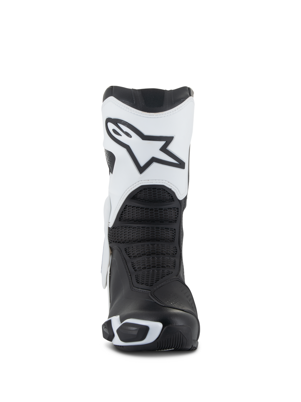 Buty Alpinestars Stella SMX-6 V3 Drystar®, damskie buty motocyklowe, biało-czarne, widok z przodu prezentujący biały ochraniacz goleni z logo Astars, czarne teksturowane strefy zgięcia i ochronne elementy TPU do jazdy wyczynowej.
