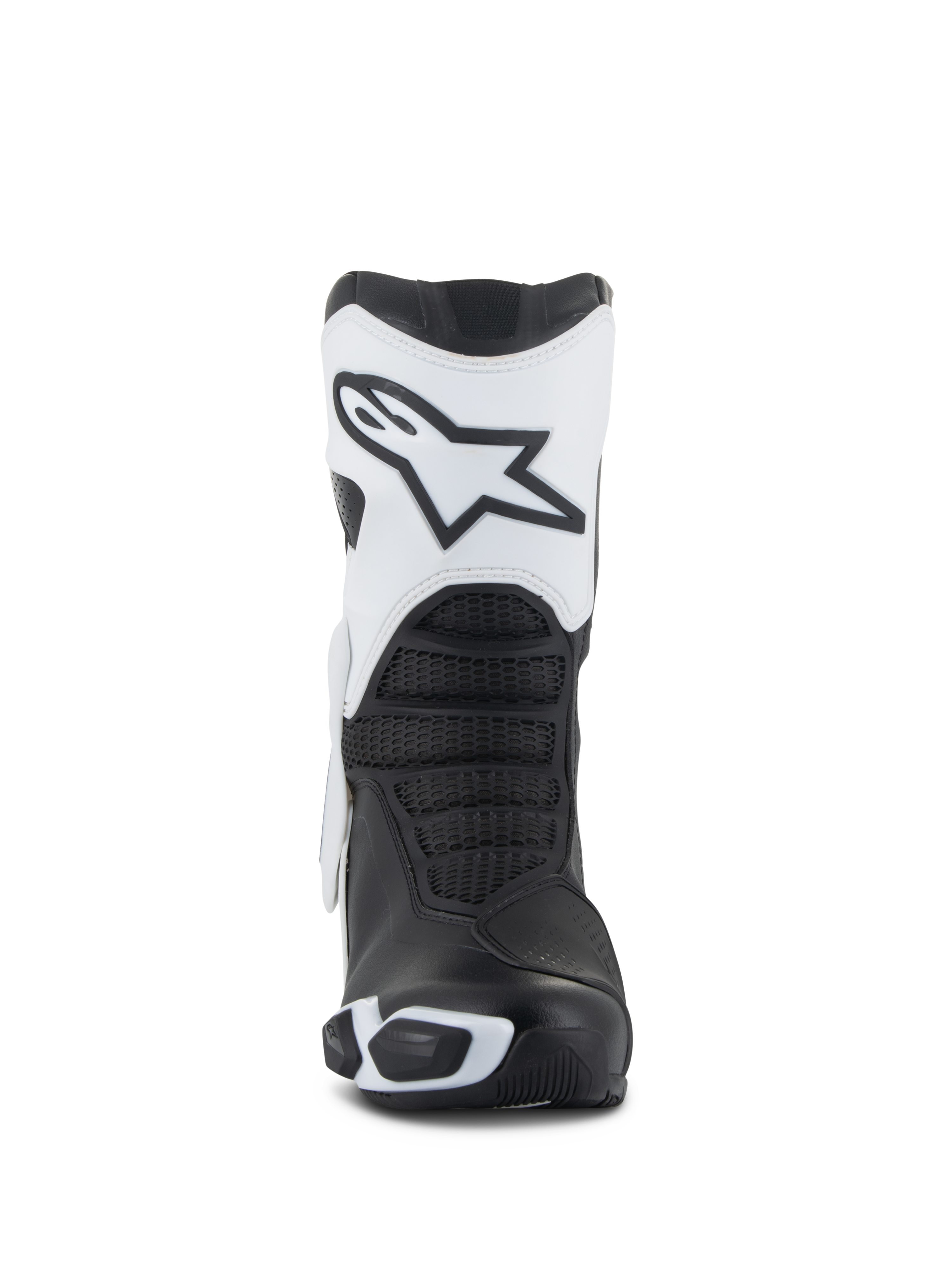 Buty Alpinestars Stella SMX-6 V3 Drystar®, damskie buty motocyklowe, biało-czarne, widok z przodu prezentujący biały ochraniacz goleni z logo Astars, czarne teksturowane strefy zgięcia i ochronne elementy TPU do jazdy wyczynowej.