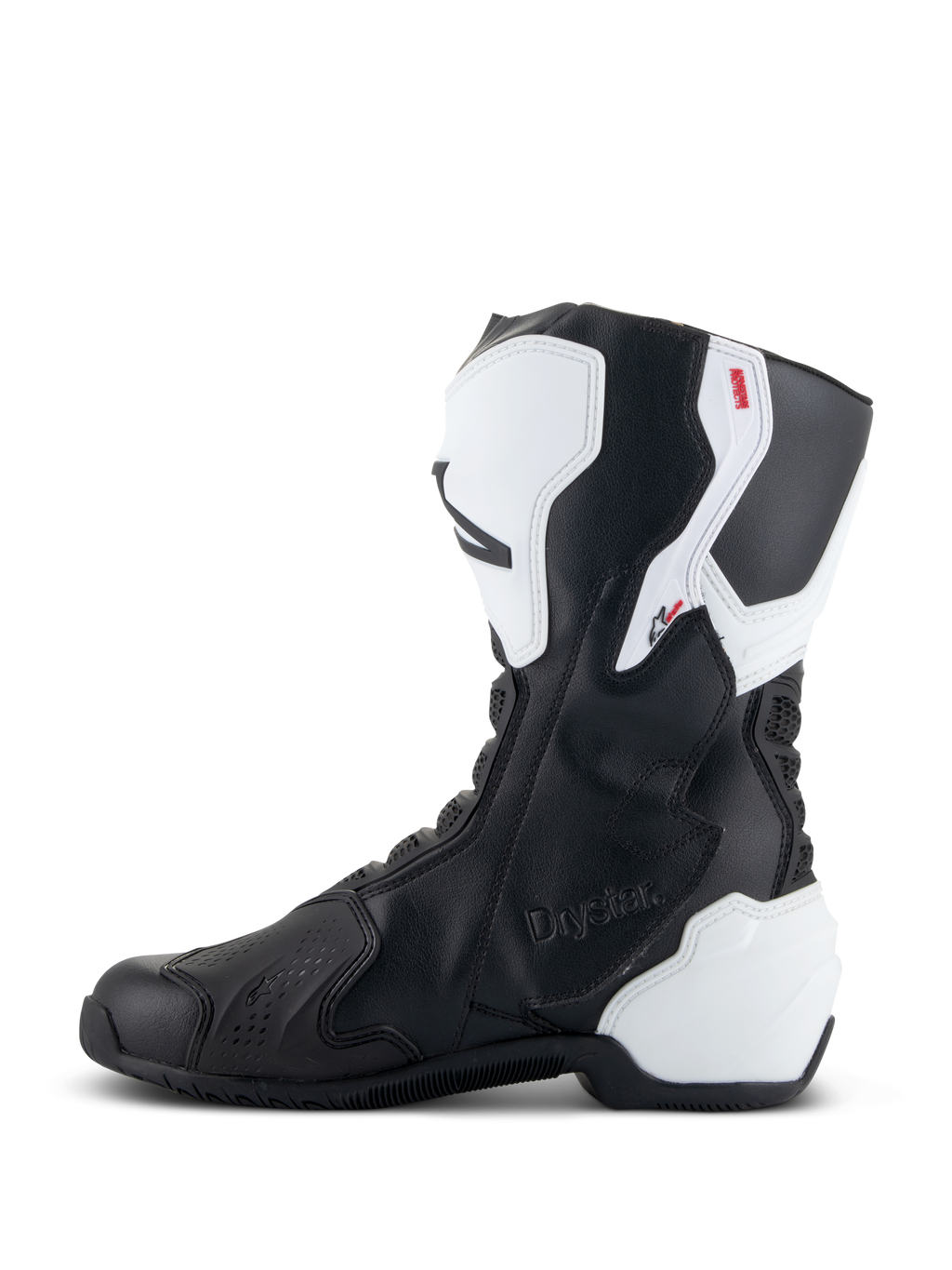 Buty Alpinestars Stella SMX-6 V3 Drystar®, damskie buty motocyklowe, biało-czarne, widok od strony przyśrodkowej z wytłoczonym logo Drystar, białe ochraniacze goleni i pięty z TPU, cholewka z czarnej mikrofibry do jazdy torowej i ulicznej