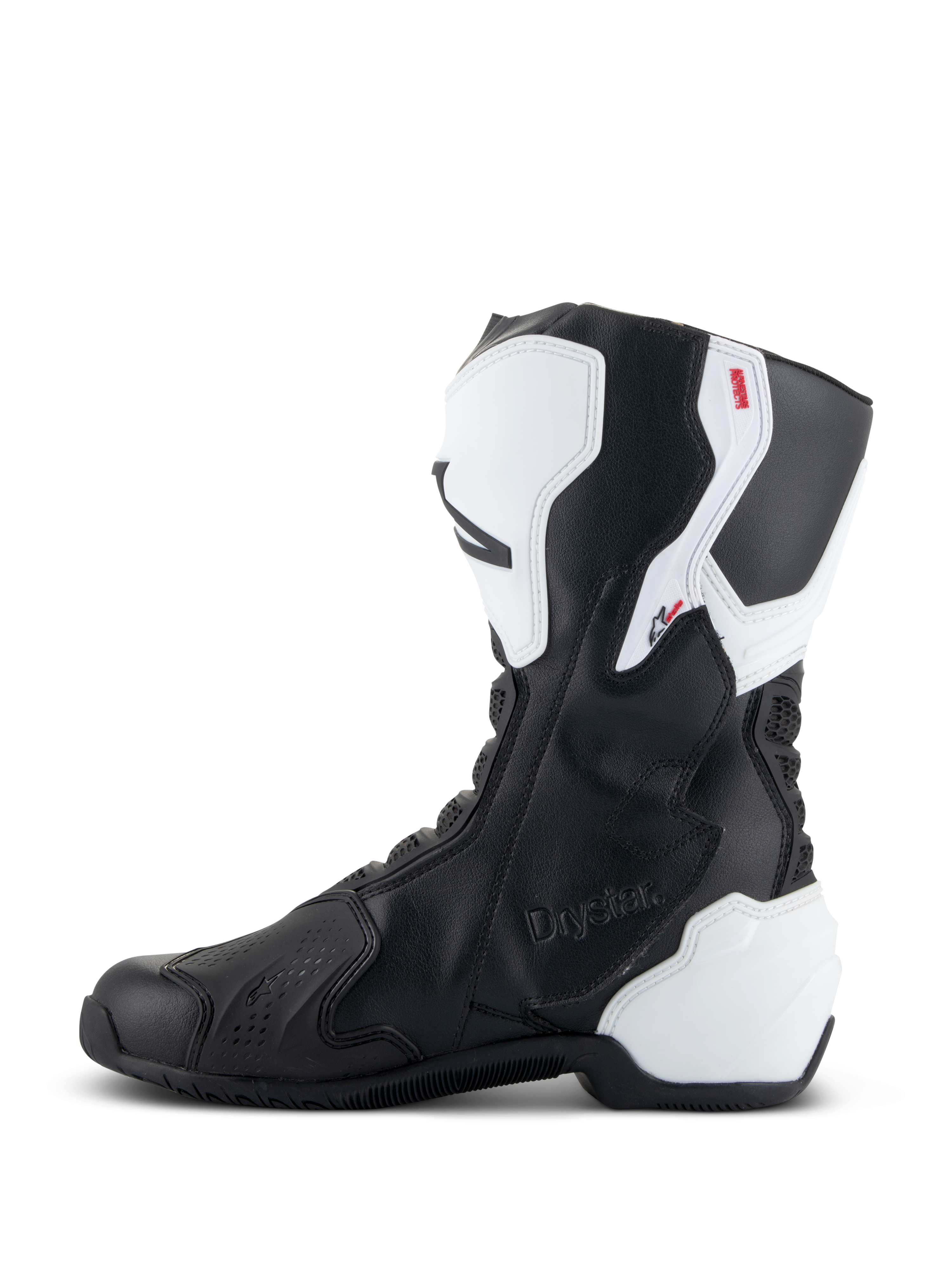 Buty Alpinestars Stella SMX-6 V3 Drystar®, damskie buty motocyklowe, biało-czarne, widok od strony przyśrodkowej z wytłoczonym logo Drystar, białe ochraniacze goleni i pięty z TPU, cholewka z czarnej mikrofibry do jazdy torowej i ulicznej