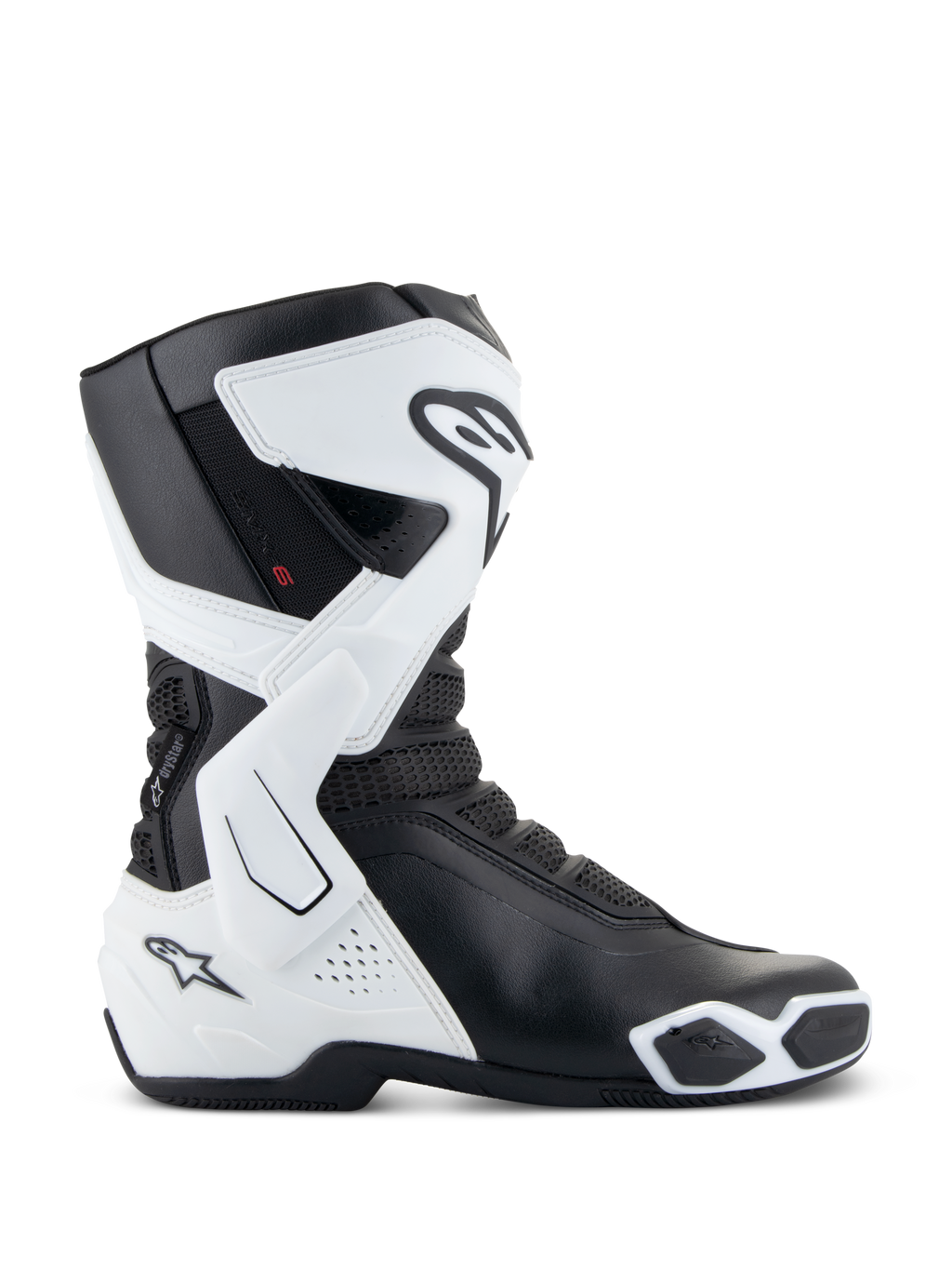 Alpinestars Stella SMX-6 V3 Drystar®, damskie buty motocyklowe, biało-czarne, widok z boku z wodoodporną technologią Drystar®, ochroną goleni i kostek z TPU, siatkowymi strefami elastyczności i ergonomicznym sportowym designem