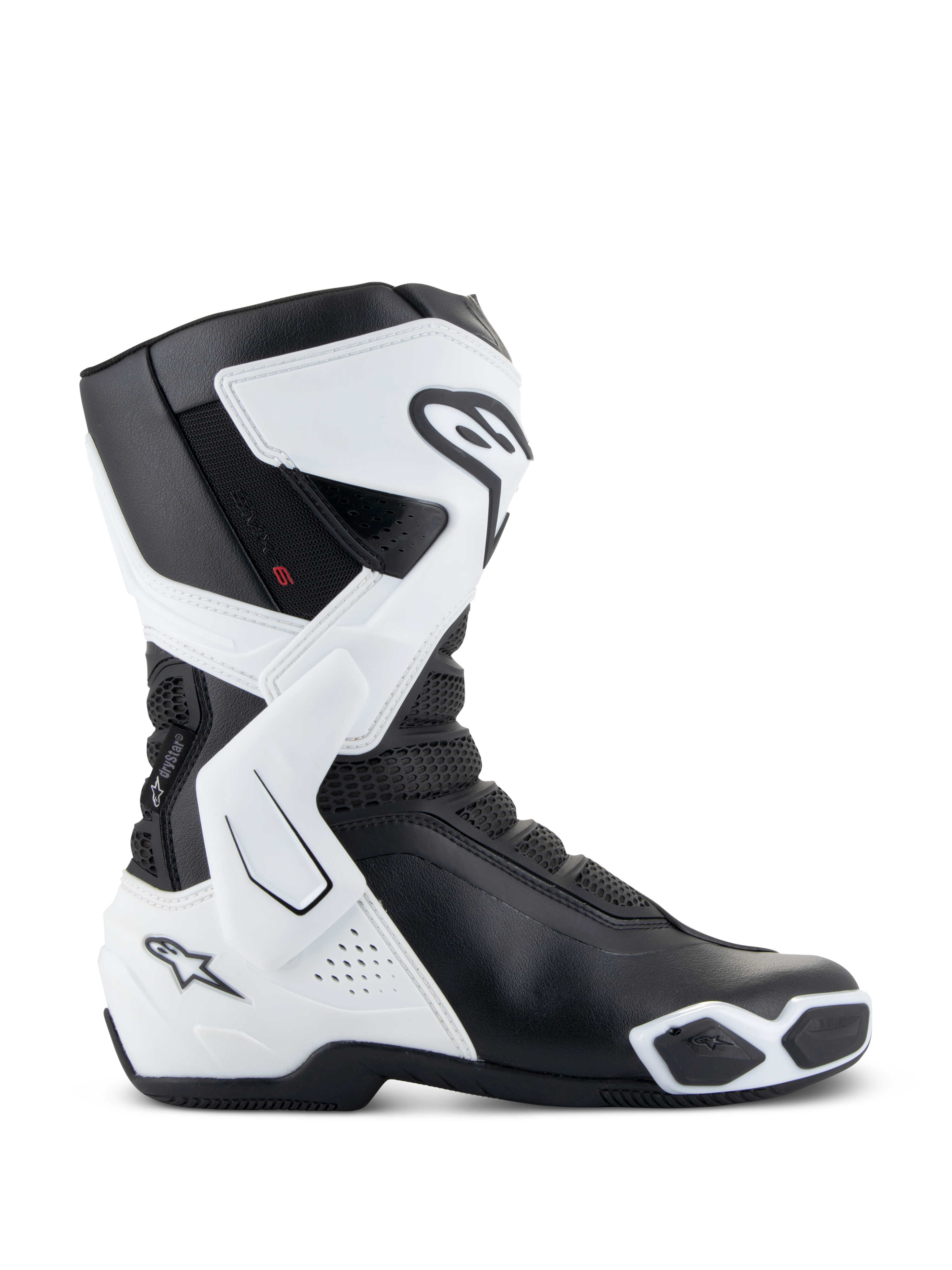 Alpinestars Stella SMX-6 V3 Drystar®, damskie buty motocyklowe, biało-czarne, widok z boku z wodoodporną technologią Drystar®, ochroną goleni i kostek z TPU, siatkowymi strefami elastyczności i ergonomicznym sportowym designem