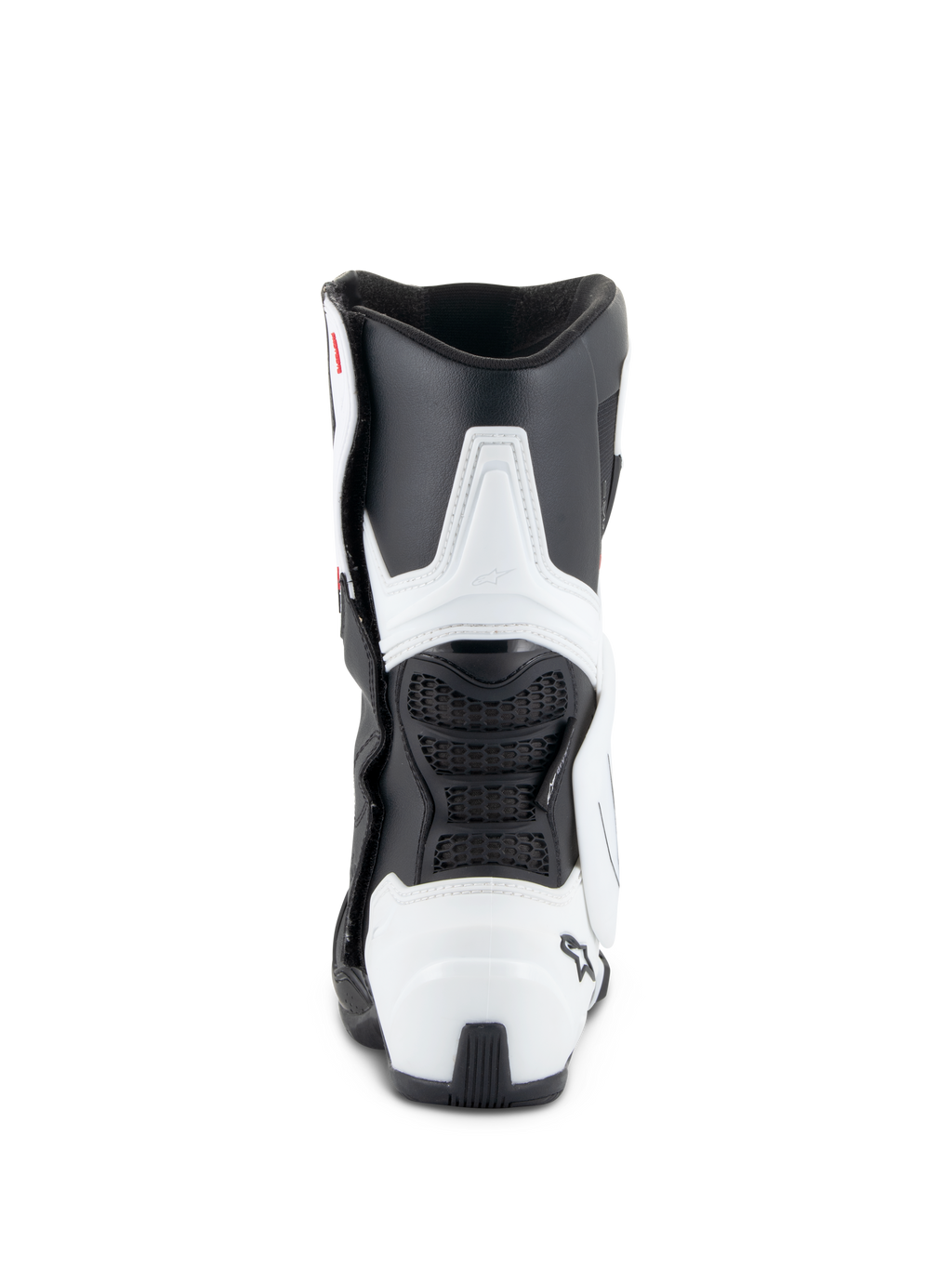 Buty Alpinestars Stella SMX-6 V3 Drystar®, damskie buty motocyklowe, biało-czarne, widok z tyłu z ochraniaczami łydki i pięty z TPU, elastycznymi czarnymi panelami z siatki i ergonomiczną konstrukcją inspirowaną wyścigami