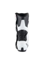 Buty Alpinestars Stella SMX-6 V3 Drystar®, damskie buty motocyklowe, biało-czarne, widok z tyłu z ochraniaczami łydki i pięty z TPU, elastycznymi czarnymi panelami z siatki i ergonomiczną konstrukcją inspirowaną wyścigami