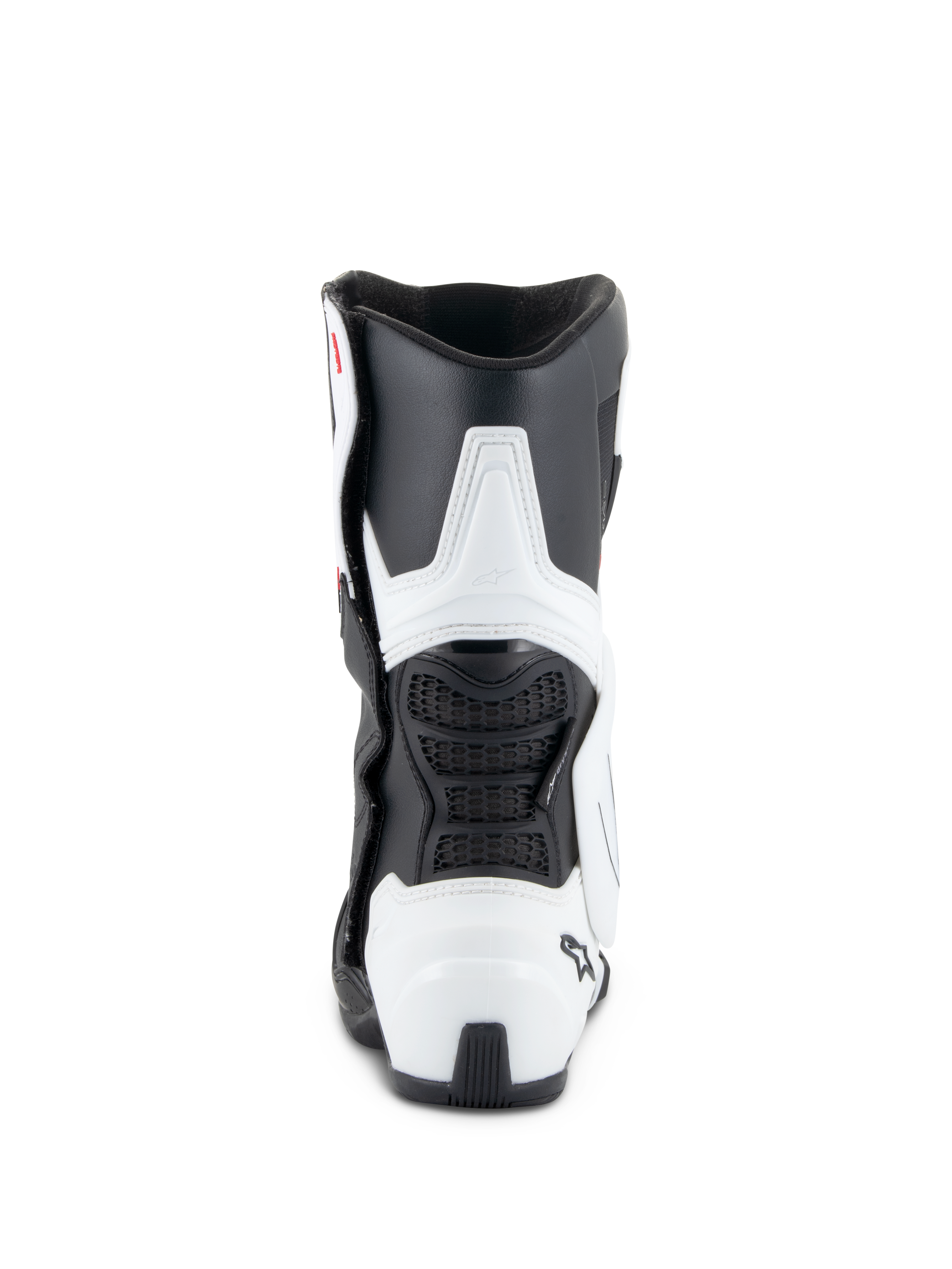 Buty Alpinestars Stella SMX-6 V3 Drystar®, damskie buty motocyklowe, biało-czarne, widok z tyłu z ochraniaczami łydki i pięty z TPU, elastycznymi czarnymi panelami z siatki i ergonomiczną konstrukcją inspirowaną wyścigami