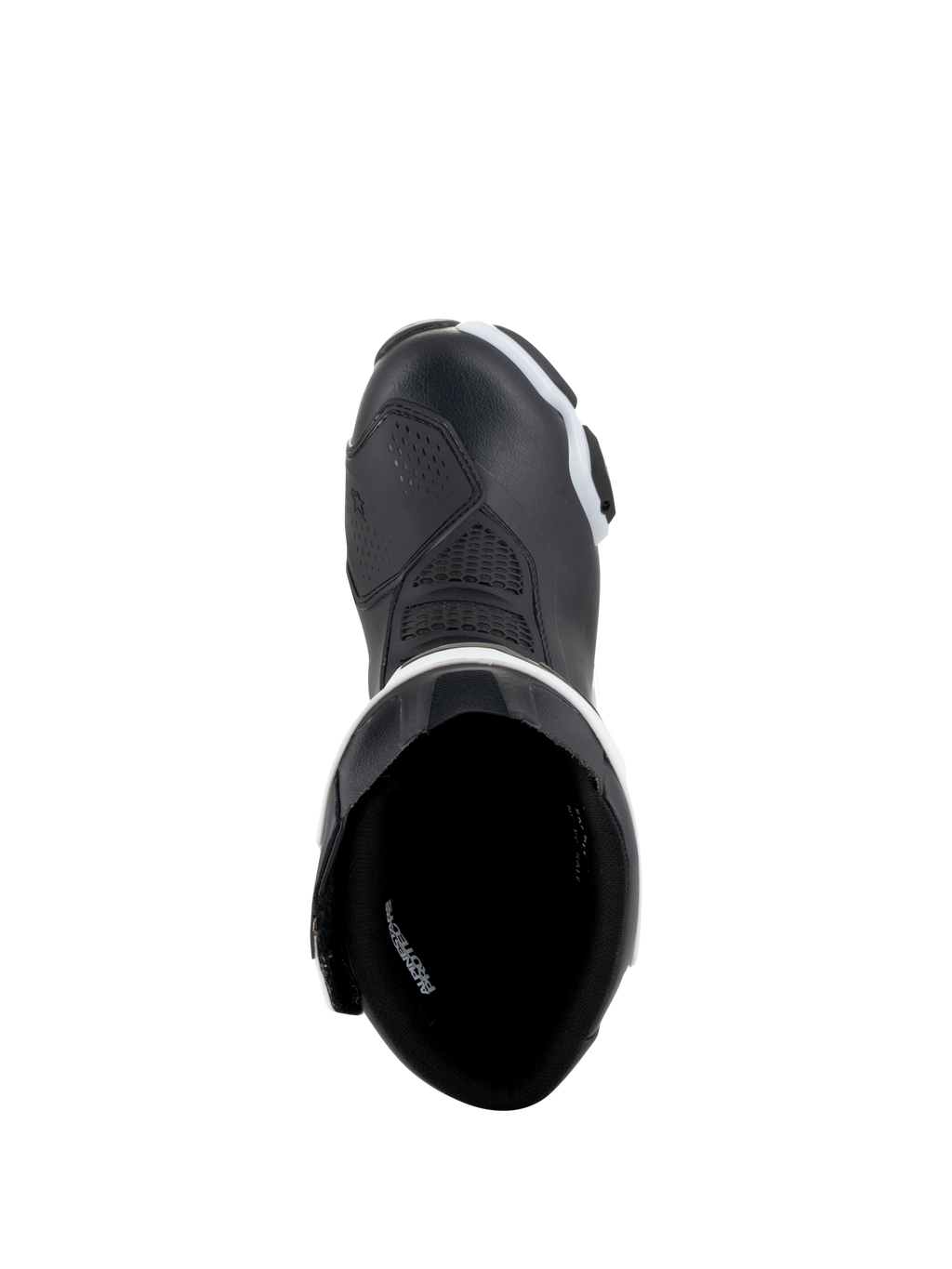 Buty Alpinestars Stella SMX-6 V3 Drystar®, damskie buty motocyklowe, czarno-białe, widok z góry ukazujący wewnętrzną wyściółkę i wzmocniony nosek, wodoodporna konstrukcja z mikrofibry do jazdy na torze i ulicy