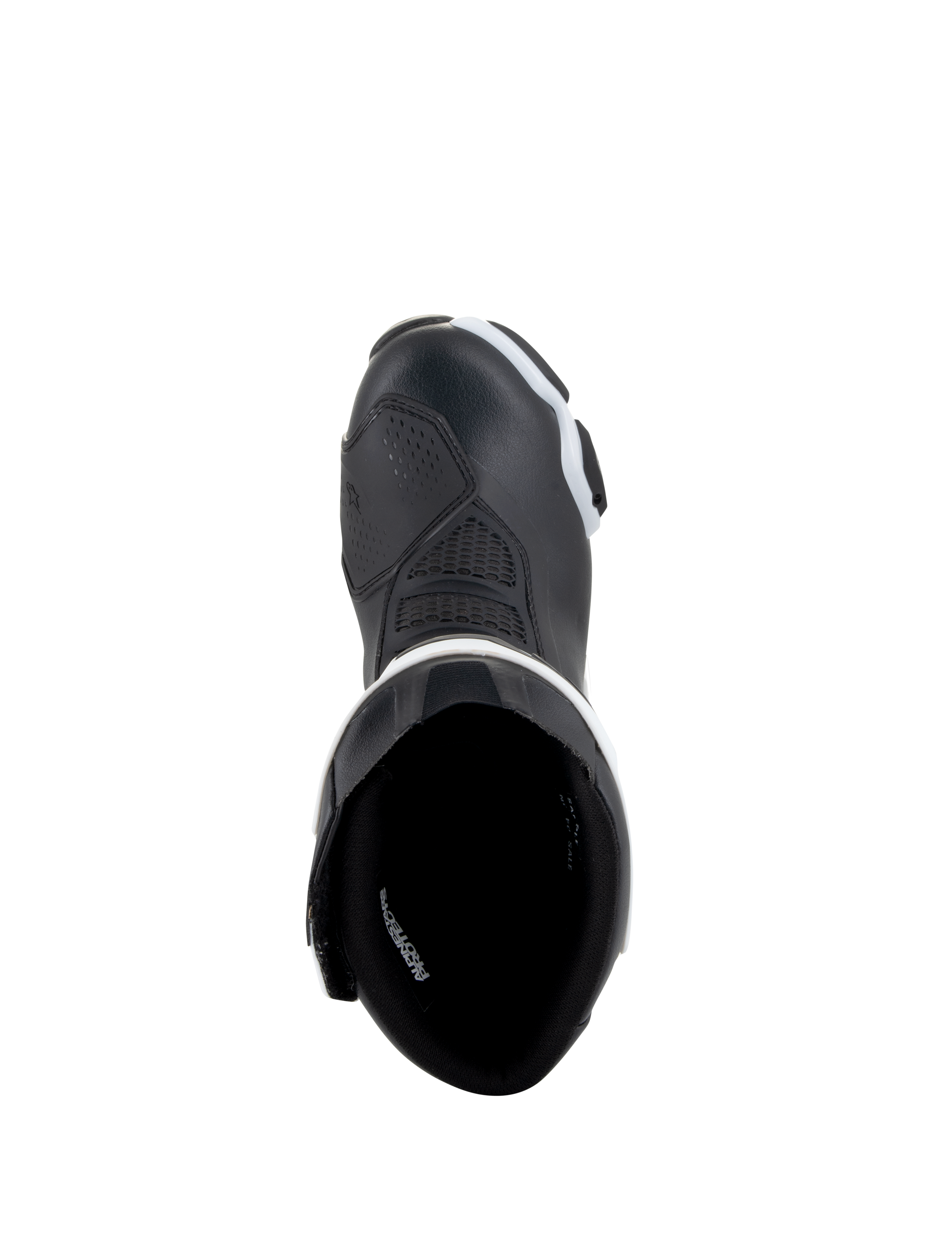 Buty Alpinestars Stella SMX-6 V3 Drystar®, damskie buty motocyklowe, czarno-białe, widok z góry ukazujący wewnętrzną wyściółkę i wzmocniony nosek, wodoodporna konstrukcja z mikrofibry do jazdy na torze i ulicy