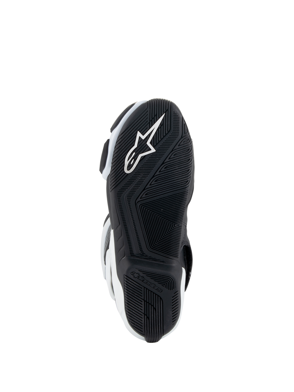 Alpinestars Stella SMX-6 V3 Drystar® Boots, damskie buty motocyklowe, biało-czarne, widok podeszwy z czarną gumową podeszwą zewnętrzną o teksturowanym wzorze przyczepności, zintegrowane białe logo gwiazdy Alpinestars oraz branding na pięcie