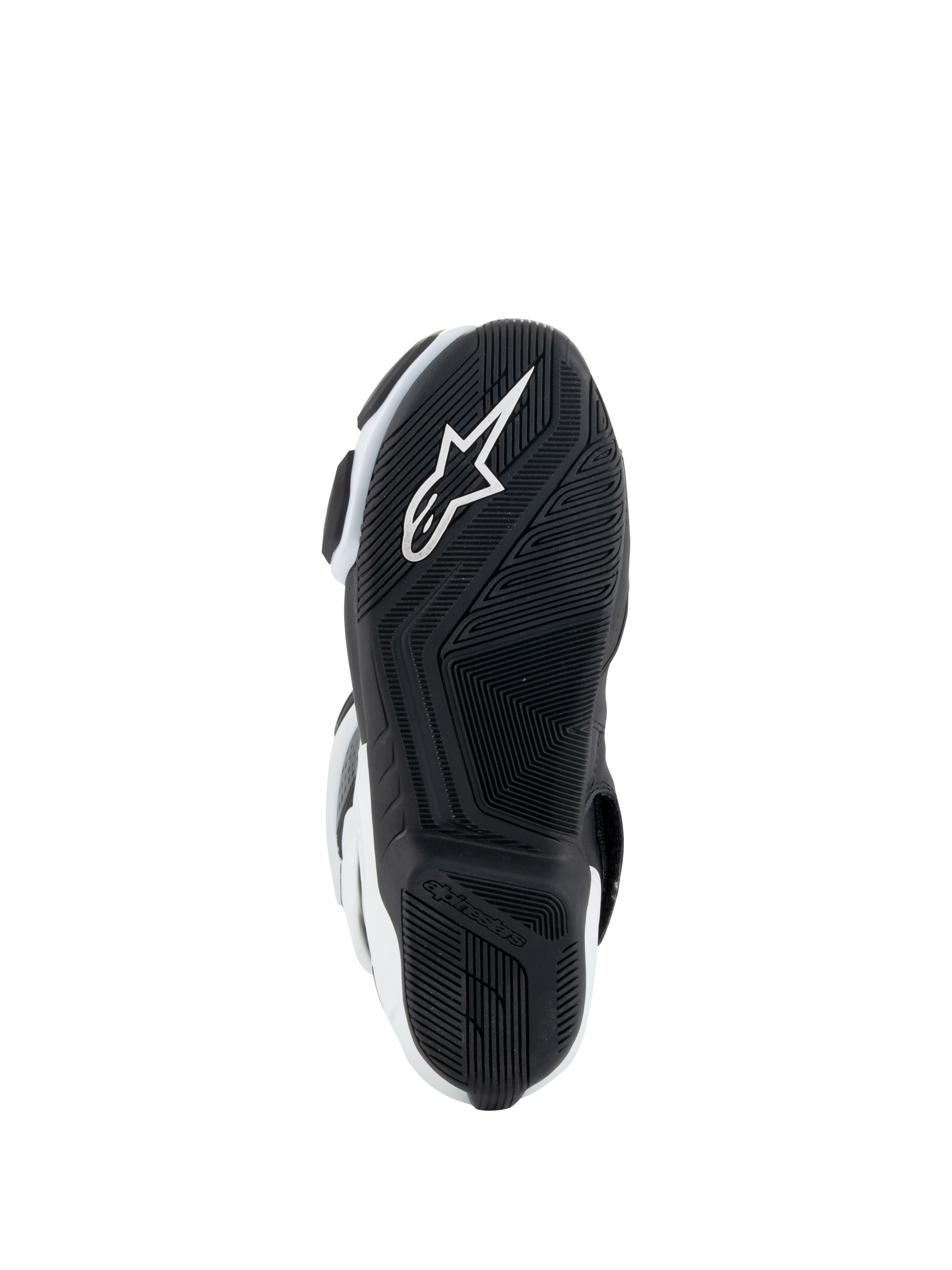 Alpinestars Stella SMX-6 V3 Drystar® Boots, damskie buty motocyklowe, biało-czarne, widok podeszwy z czarną gumową podeszwą zewnętrzną o teksturowanym wzorze przyczepności, zintegrowane białe logo gwiazdy Alpinestars oraz branding na pięcie