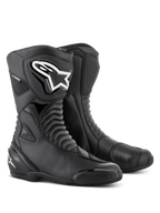 Alpinestars SMX S Waterproof Boots, wysokie buty motocyklowe w kolorze czarnym, elastyczne strefy harmonijkowe, białe logo na ochraniaczu goleni TPU, wzmocnienia pod dźwignię zmiany biegów i wymienne ślizgacze, do jazdy sportowo-turystycznej w każdych warunkach