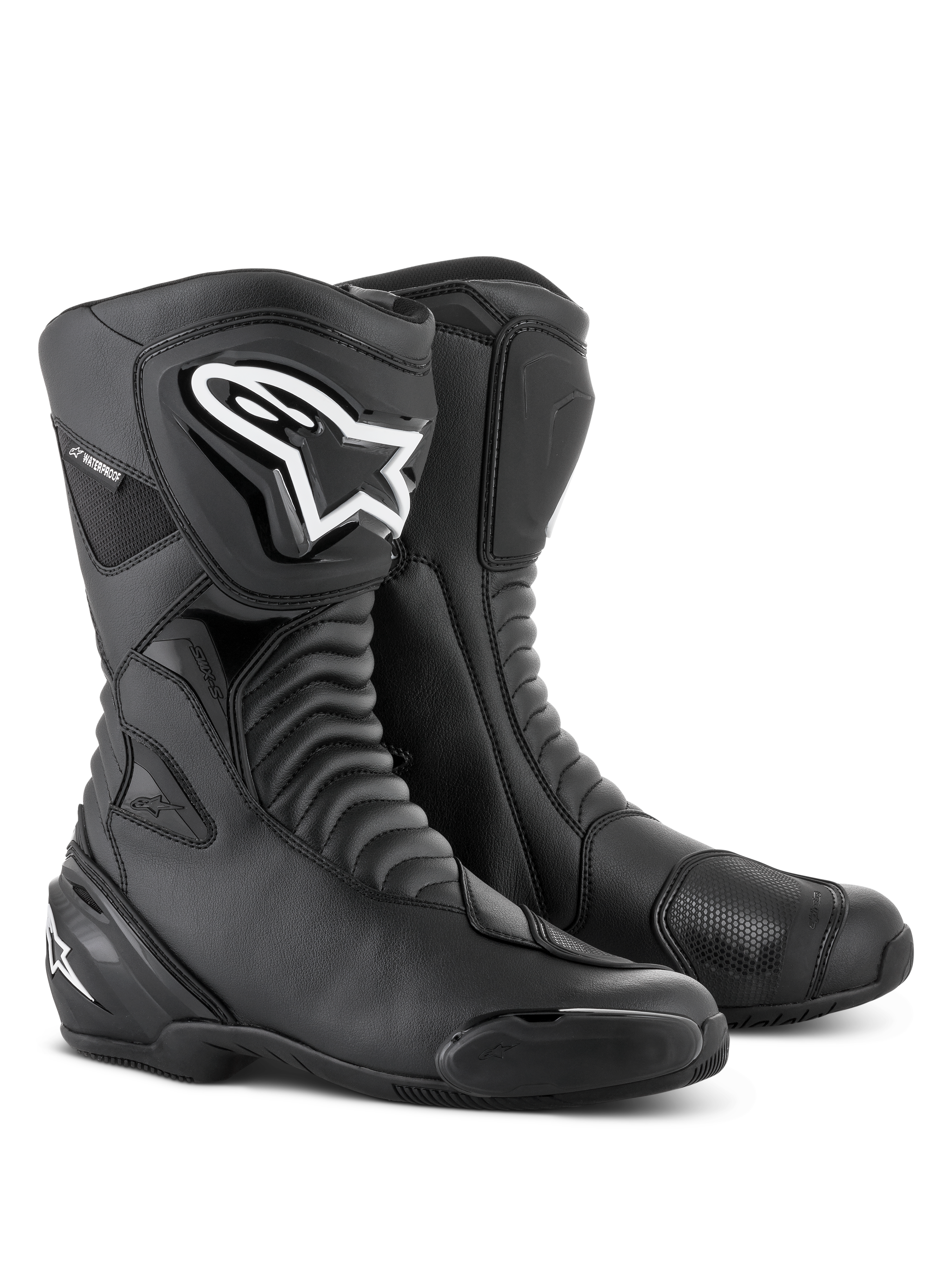 Alpinestars SMX S Waterproof Boots, wysokie buty motocyklowe w kolorze czarnym, elastyczne strefy harmonijkowe, białe logo na ochraniaczu goleni TPU, wzmocnienia pod dźwignię zmiany biegów i wymienne ślizgacze, do jazdy sportowo-turystycznej w każdych warunkach