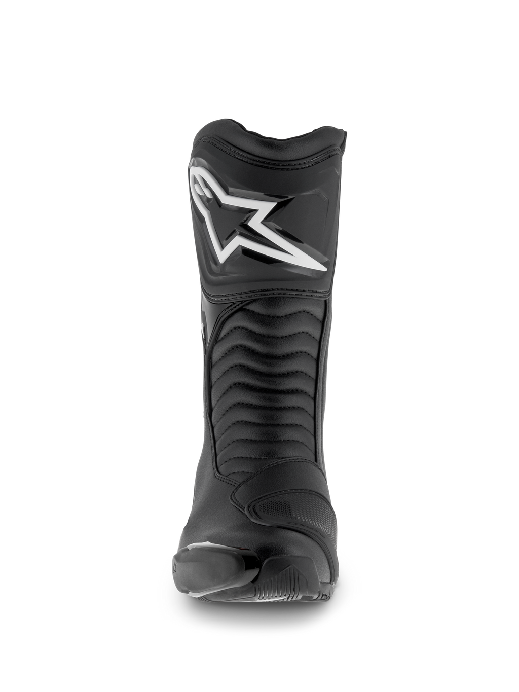 Alpinestars SMX S Waterproof Boots, buty motocyklowe, czarne, widok z przodu z białym logo Astar na ochraniaczu goleni, harmonijkowe panele elastyczne i wytrzymała konstrukcja z mikrofibry do jazdy sportowo-turystycznej.