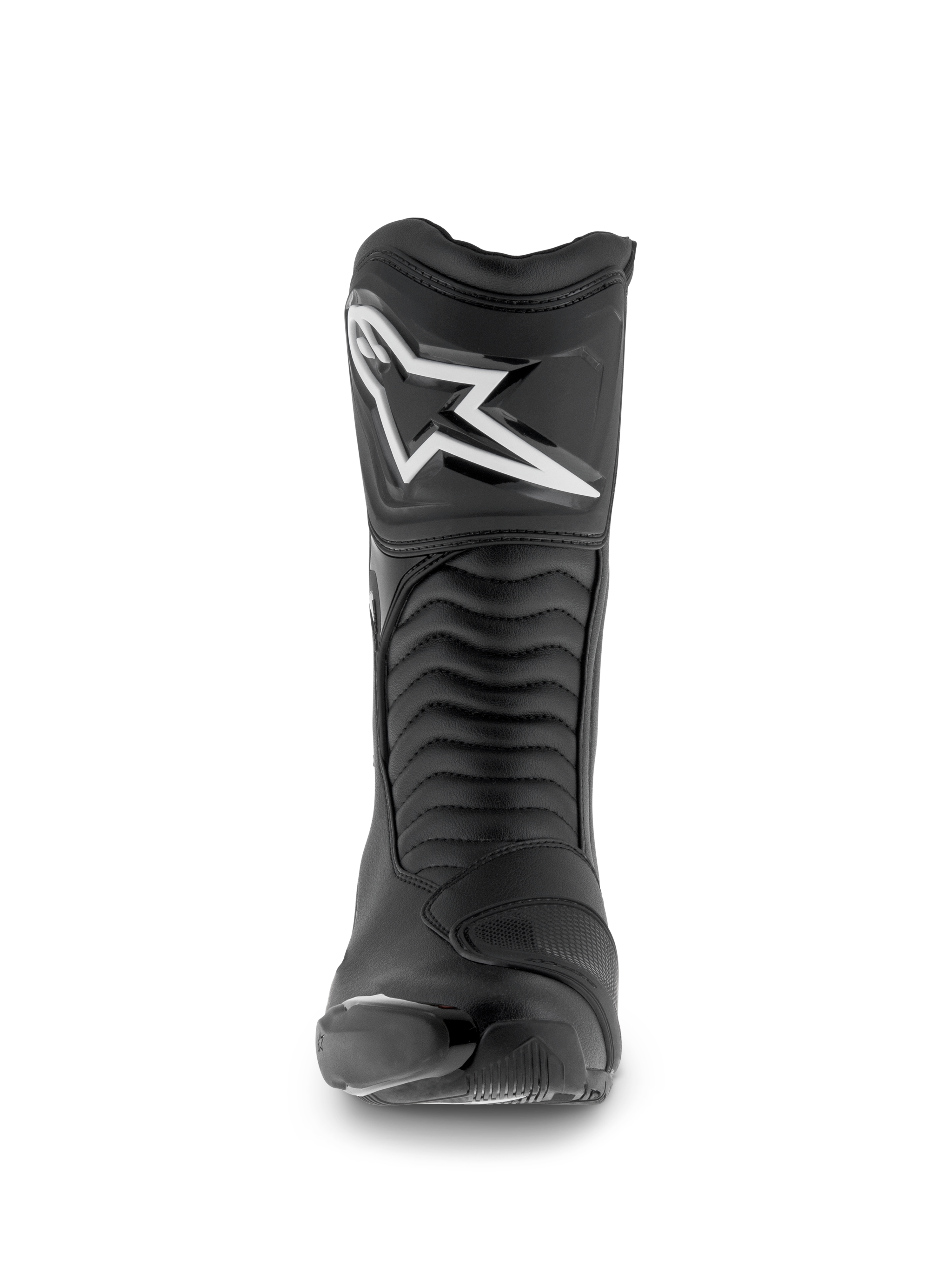 Alpinestars SMX S Waterproof Boots, buty motocyklowe, czarne, widok z przodu z białym logo Astar na ochraniaczu goleni, harmonijkowe panele elastyczne i wytrzymała konstrukcja z mikrofibry do jazdy sportowo-turystycznej.
