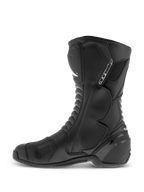 Alpinestars SMX S Waterproof Boots, czarne, wysokie buty motocyklowe z trwałą cholewką z mikrowłókna, ochraniaczami goleni i kostek z TPU oraz teksturowaną nakładką na dźwignię zmiany biegów, widok z boku.