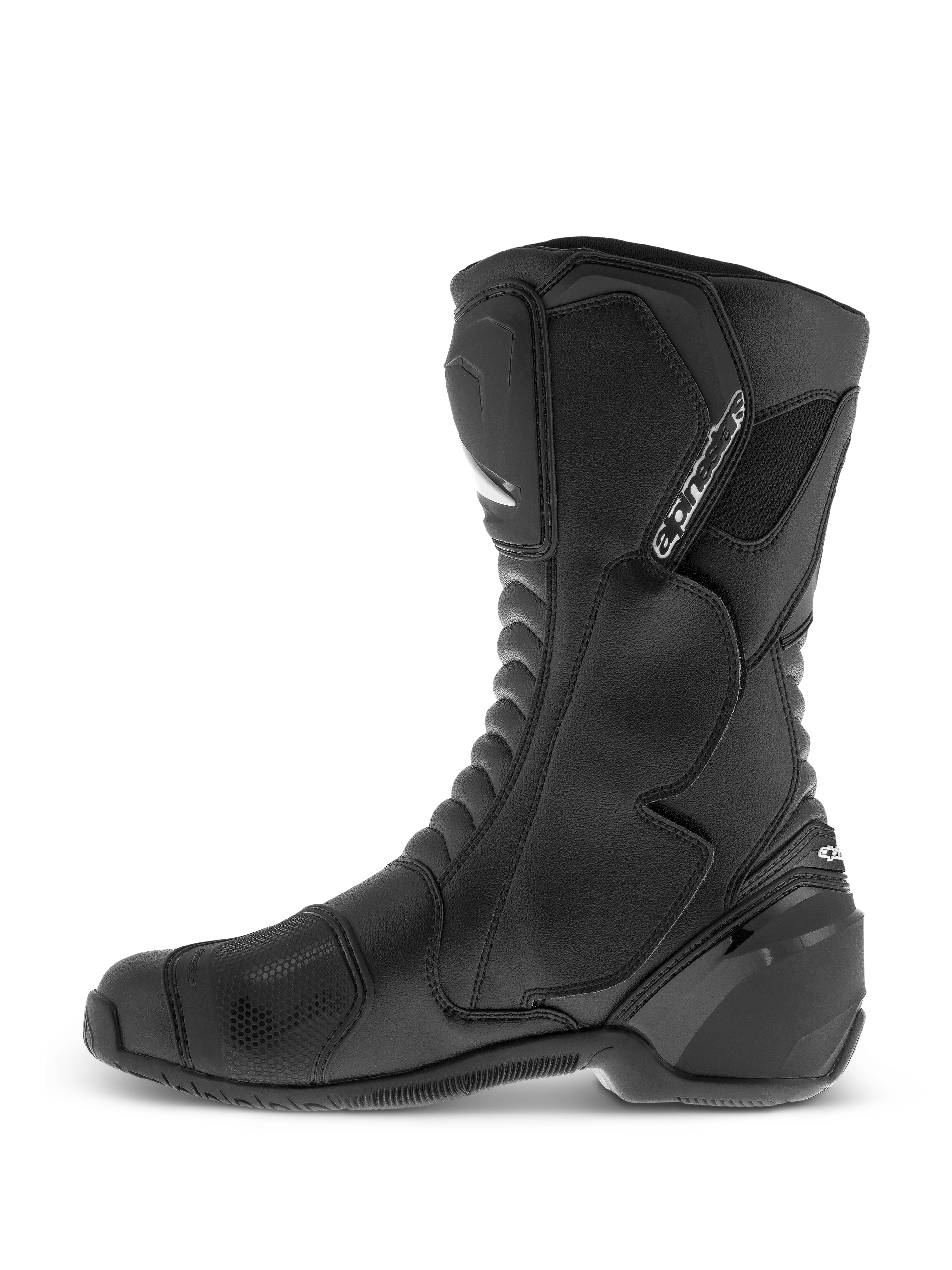 Alpinestars SMX S Waterproof Boots, czarne, wysokie buty motocyklowe z trwałą cholewką z mikrowłókna, ochraniaczami goleni i kostek z TPU oraz teksturowaną nakładką na dźwignię zmiany biegów, widok z boku.