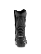 Alpinestars SMX S Waterproof Boots, czarne buty motocyklowe, profil z tyłu z wzmocnionym ochraniaczem pięty i białym logo, żebrowane elastyczne panele harmonijkowe zwiększające ruchomość kostki, wytrzymała konstrukcja z mikrofibry do jazdy sportowo-turystycznej