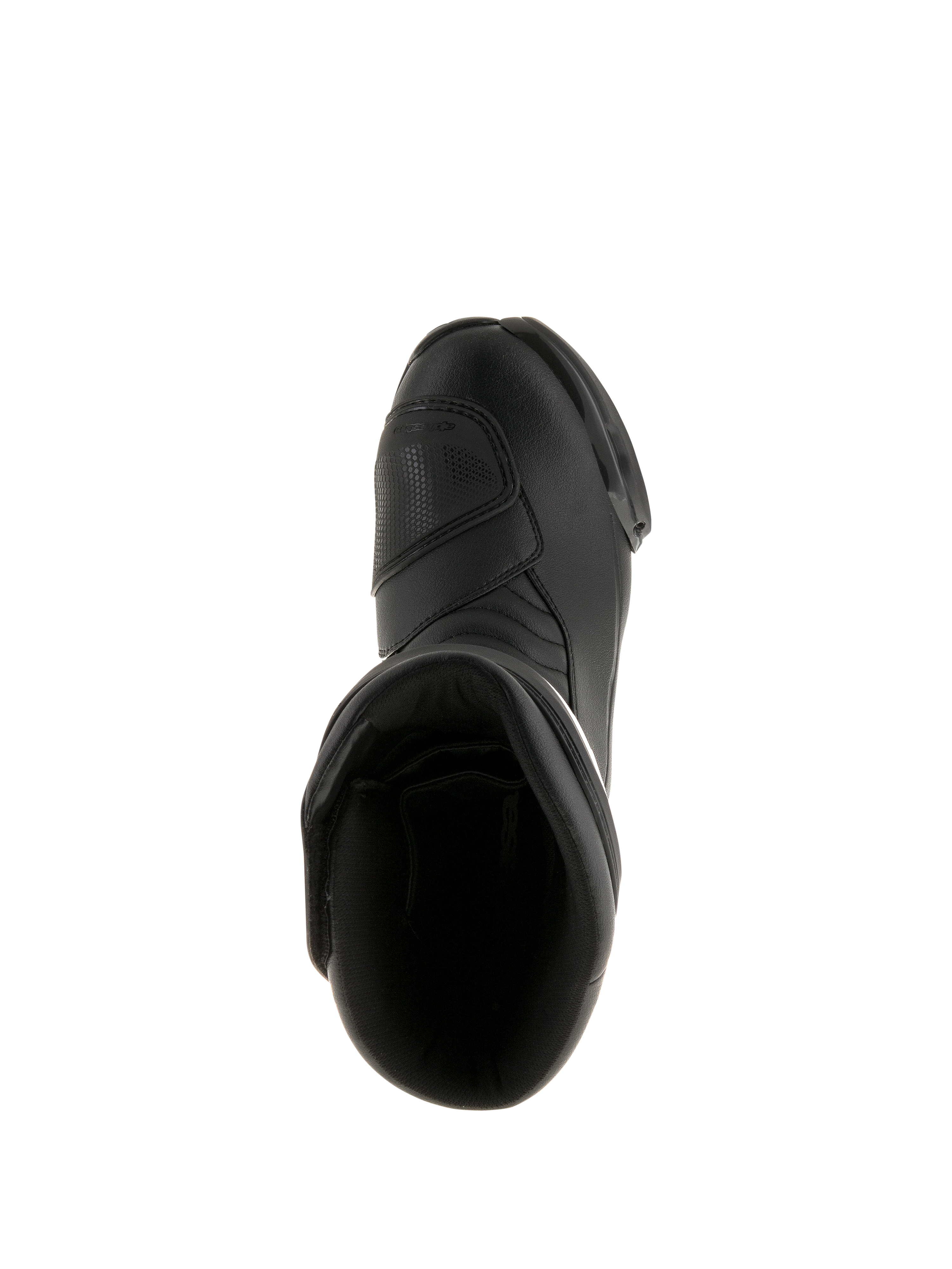 Alpinestars SMX S Waterproof Boots, czarne, widok z góry pokazujący otwór wewnętrzny i wytrzymałą cholewkę z mikrofibry, sportowo-turystyczne obuwie motocyklowe