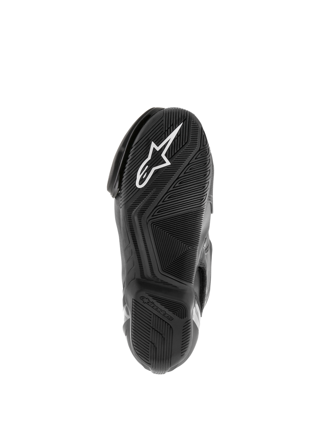 Alpinestars SMX S Waterproof Boots, buty motocyklowe, czarne, widok na teksturowaną gumową podeszwę z białym logo Astar i wzorem bieżnika odprowadzającym wodę