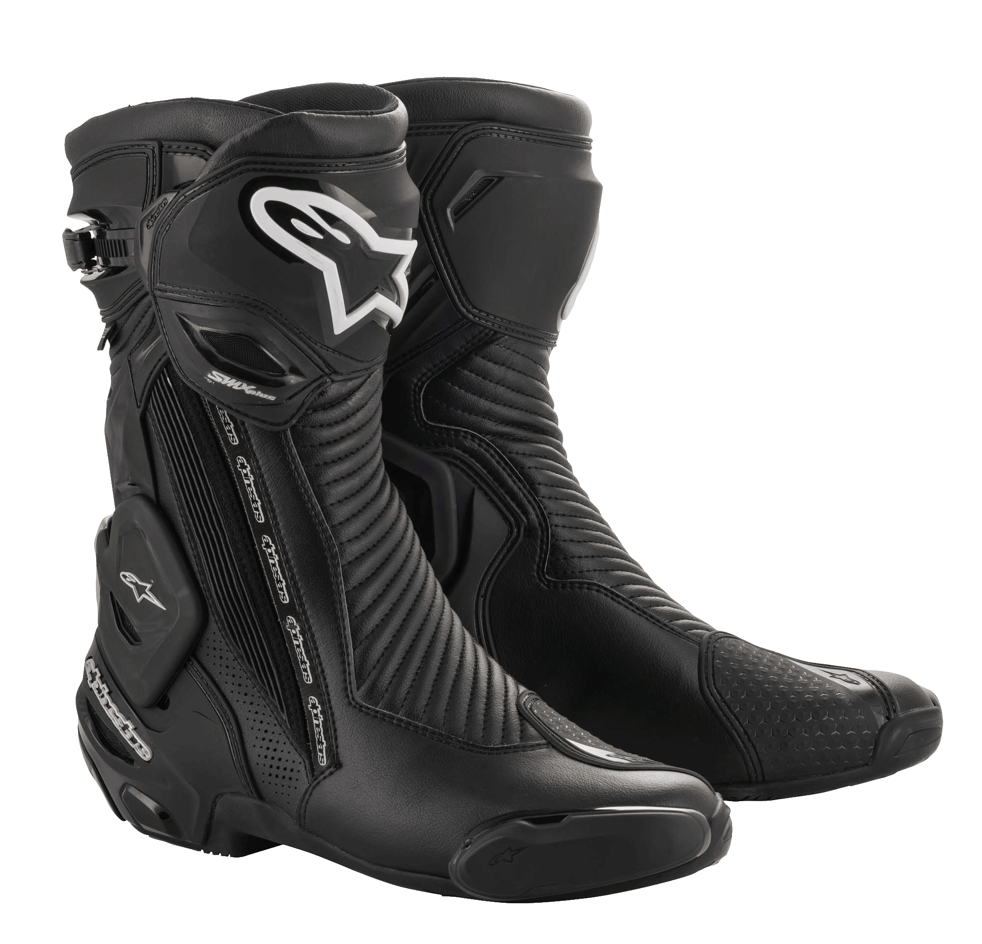 Alpinestars SMX Plus V2 GORE-TEX Boot, czarne motocyklowe buty wyścigowe ze srebrnymi i białymi logotypami, wodoodporna i oddychająca konstrukcja, ze wzmocnioną ochroną kostek, elastycznymi panelami akordeonowymi i ochronnymi płytami TPU do jazdy wyścigowej i sportowej