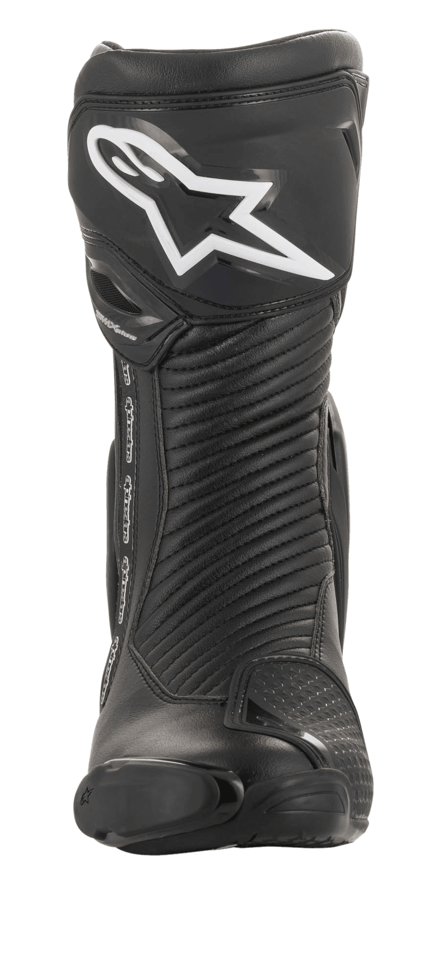 Buty Alpinestars SMX Plus V2 GORE-TEX, motocyklowe buty wyścigowe, czarno-srebrne, widok z przodu z białym logo Alpinestars na ochraniaczu goleni, elastyczne panele akordeonowe i ochronny slider palców.
