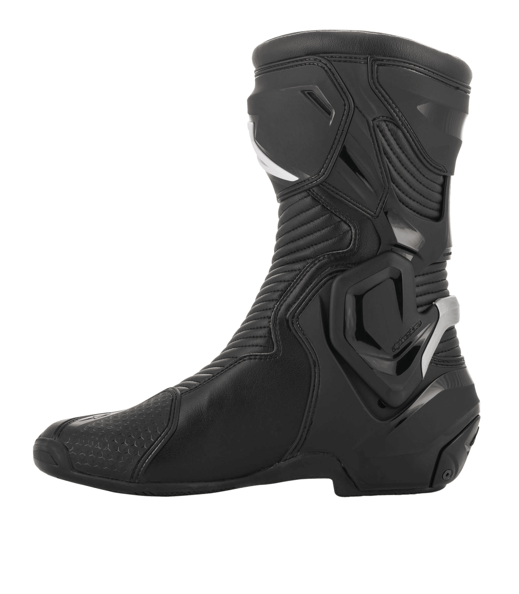 Buty Alpinestars SMX Plus V2 GORE-TEX, wyczynowe buty motocyklowe, czarno-srebrne, widok z boku, zaawansowana konstrukcja z mikrofibry, system ochrony kostki Multi-Link Control, elastyczne panele akordeonowe, dla motocyklistów sportowych i turystycznych