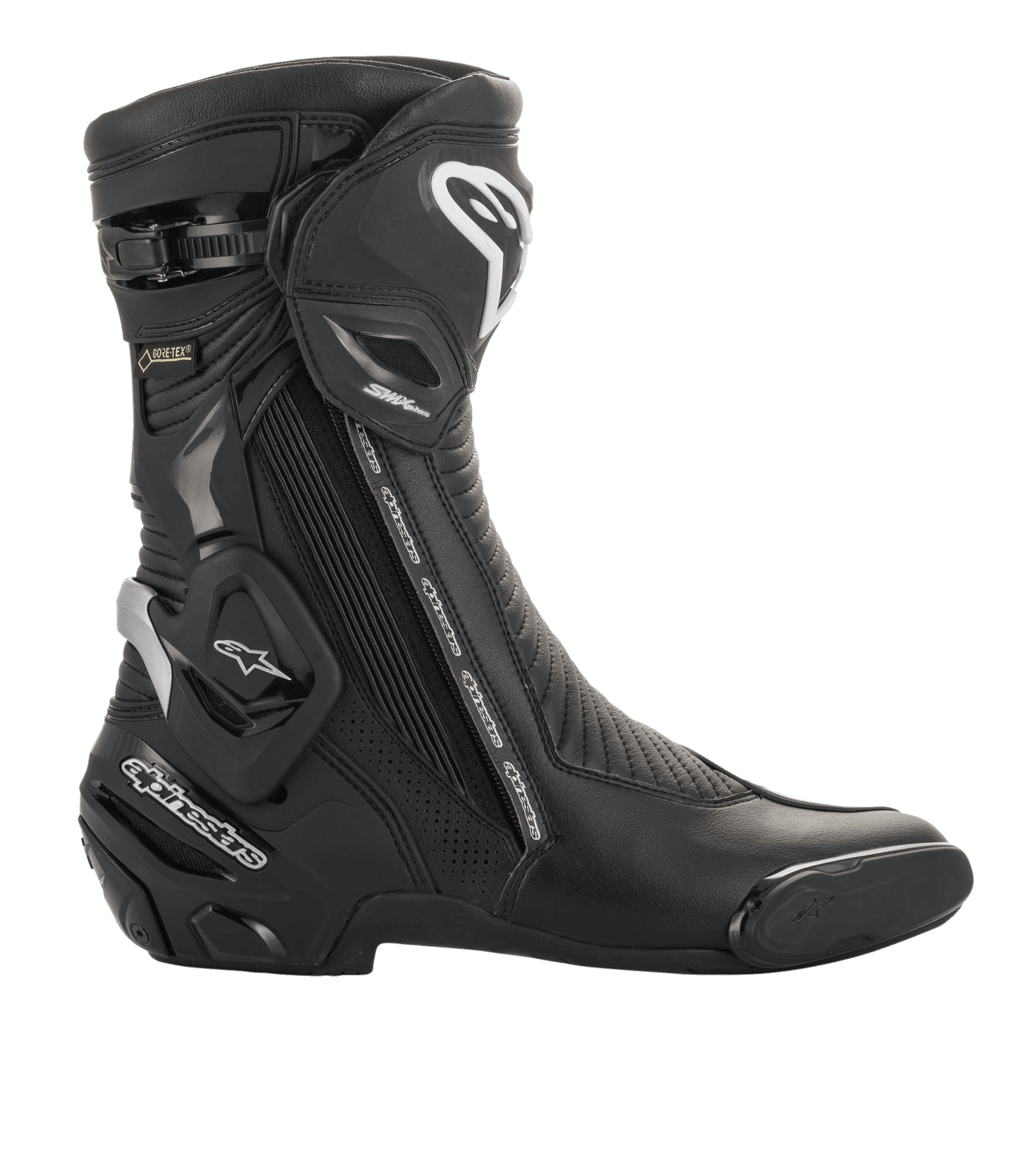 Buty Alpinestars SMX Plus V2 GORE-TEX, sportowe obuwie motocyklowe, czarno-srebrne, widok z boku z białym logo Alpinestars, ochronną płytą goleni i brandingiem GORE-TEX, zaprojektowane do wyścigów wyczynowych i jazdy szosowej.