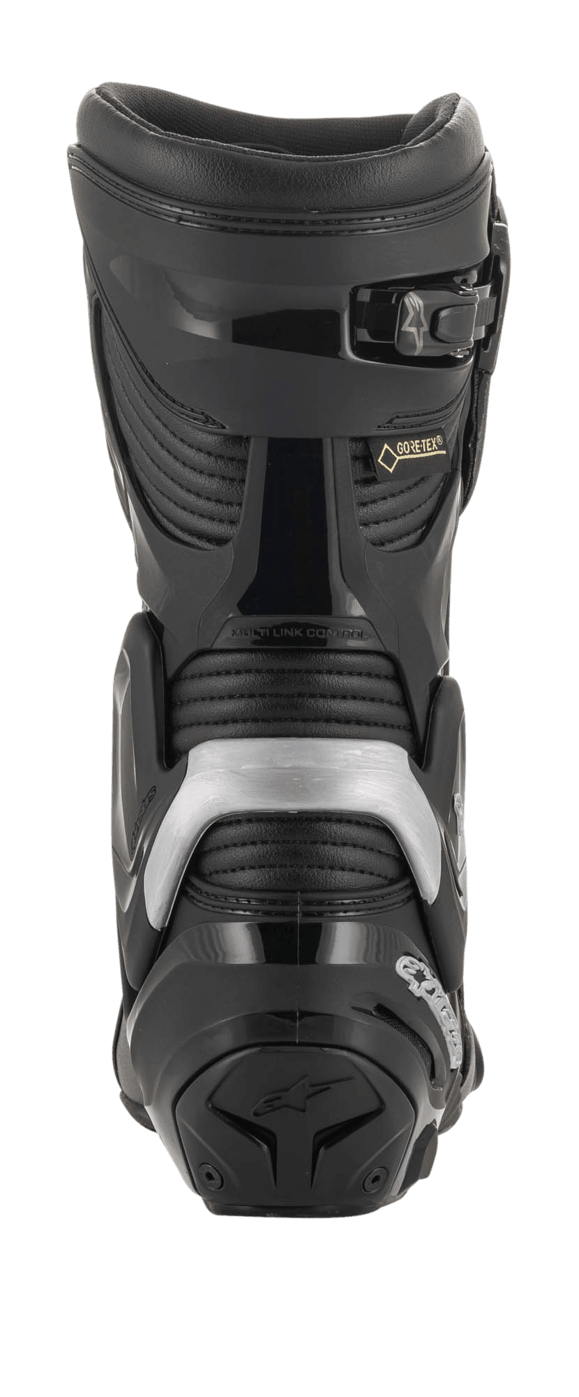 Buty Alpinestars SMX Plus V2 GORE-TEX, widok z tyłu, czarno-srebrne, z systemem Multi-Link Control, ochraniaczem pięty TPU i akordeonowymi panelami elastycznymi, do wyścigów motocyklowych i turystyki