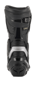 Buty Alpinestars SMX Plus V2 GORE-TEX, widok z tyłu, czarno-srebrne, z systemem Multi-Link Control, ochraniaczem pięty TPU i akordeonowymi panelami elastycznymi, do wyścigów motocyklowych i turystyki