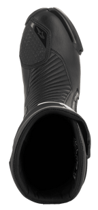 Alpinestars SMX Plus V2 GORE-TEX Boot, wyścigowe buty motocyklowe, czarne, widok z góry ukazujący otwór wejściowy, wyściółkę wewnętrzną oraz akordeonowe panele elastyczne z mikrofibry na podbiciu