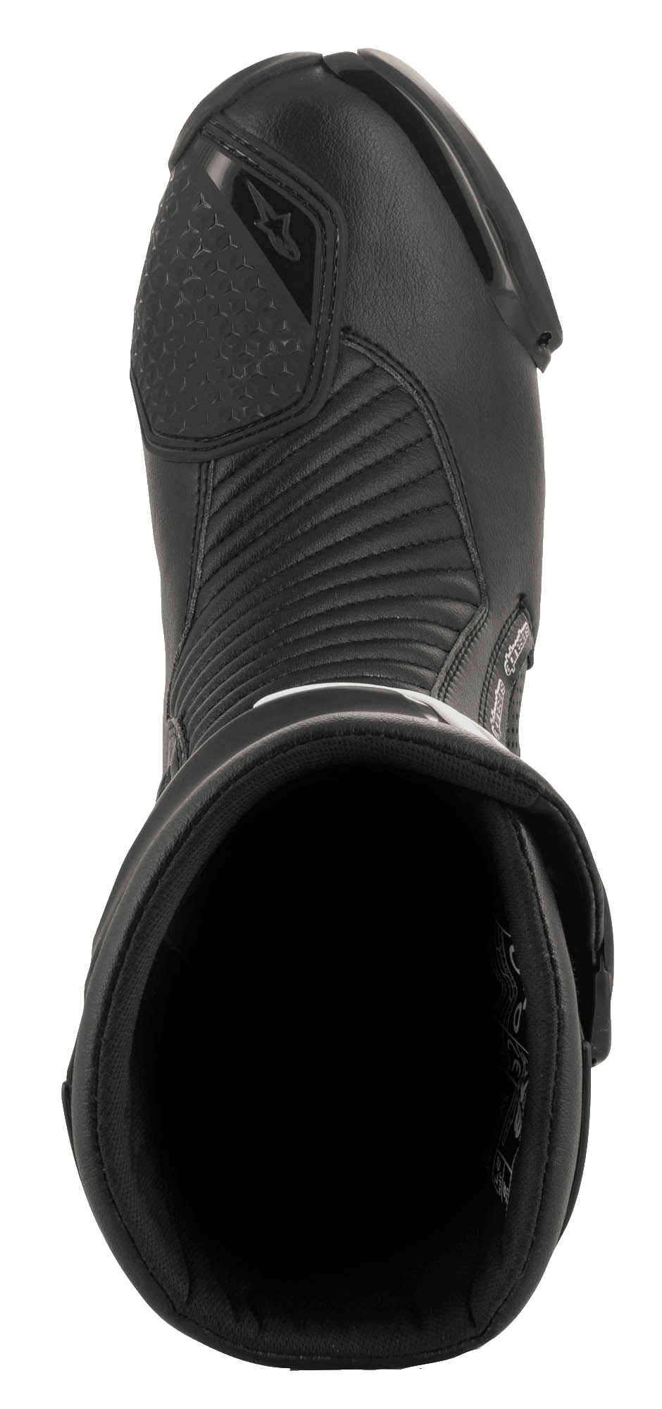 Alpinestars SMX Plus V2 GORE-TEX Boot, wyścigowe buty motocyklowe, czarne, widok z góry ukazujący otwór wejściowy, wyściółkę wewnętrzną oraz akordeonowe panele elastyczne z mikrofibry na podbiciu