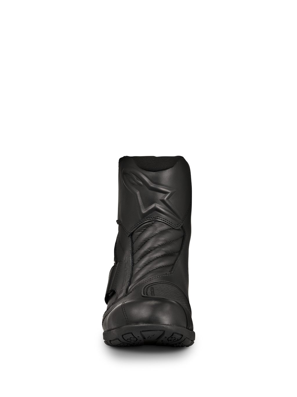 Alpinestars New Land GORE-TEX Boots, czarne motocyklowe buty turystyczne, widok z przodu, konstrukcja ze skóry licowej z tłoczonym logo gwiazdy, akordeonowe strefy elastyczne z przodu, wodoodporny fason o średniej wysokości na długie trasy