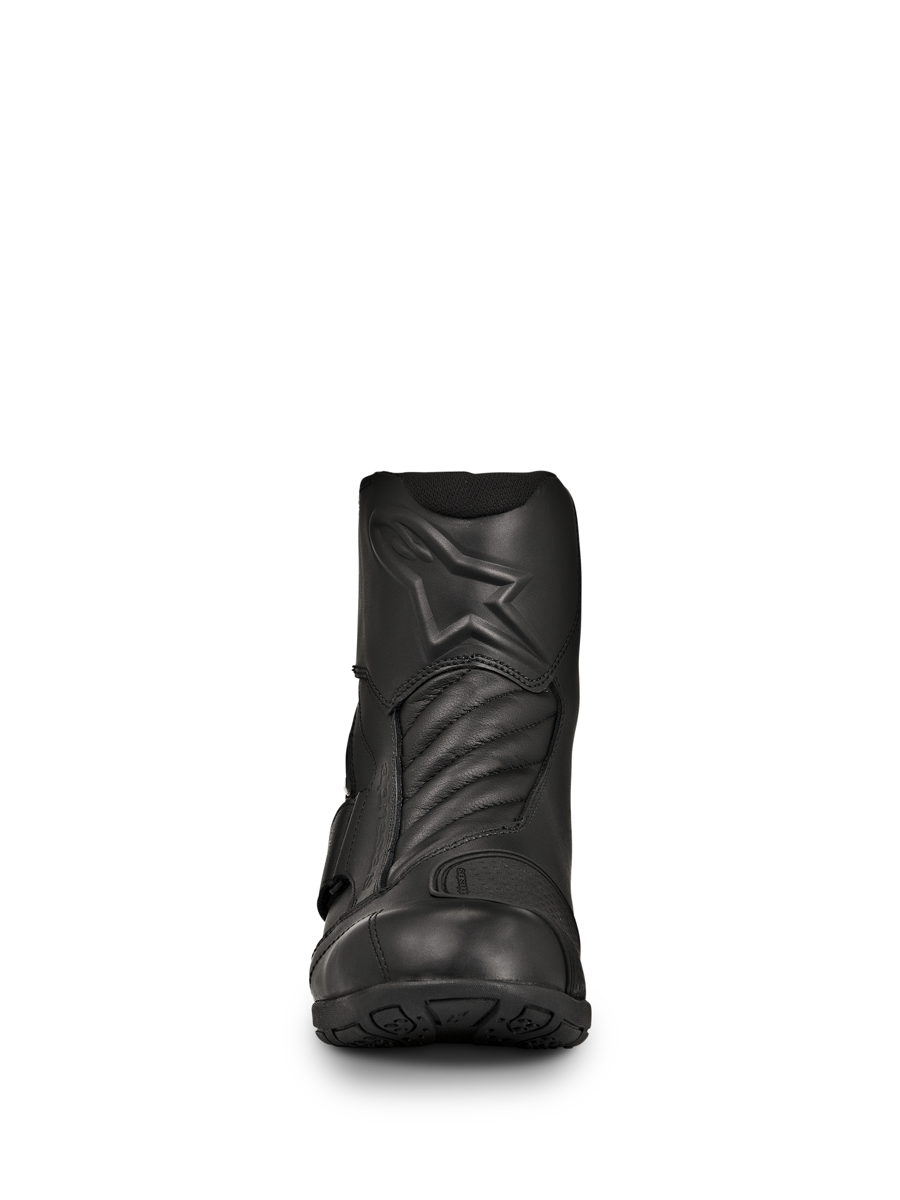 Alpinestars New Land GORE-TEX Boots, czarne motocyklowe buty turystyczne, widok z przodu, konstrukcja ze skóry licowej z tłoczonym logo gwiazdy, akordeonowe strefy elastyczne z przodu, wodoodporny fason o średniej wysokości na długie trasy