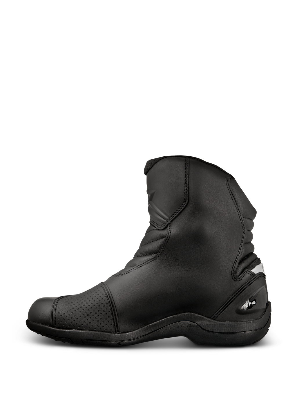 Buty Alpinestars New Land GORE-TEX, turystyczne buty motocyklowe, czarne, średniej wysokości konstrukcja ze skóry pełnoziarnistej, elastyczne strefy typu akordeon, wzmocniona nakładka na dźwignię zmiany biegów, solidna gumowa podeszwa.