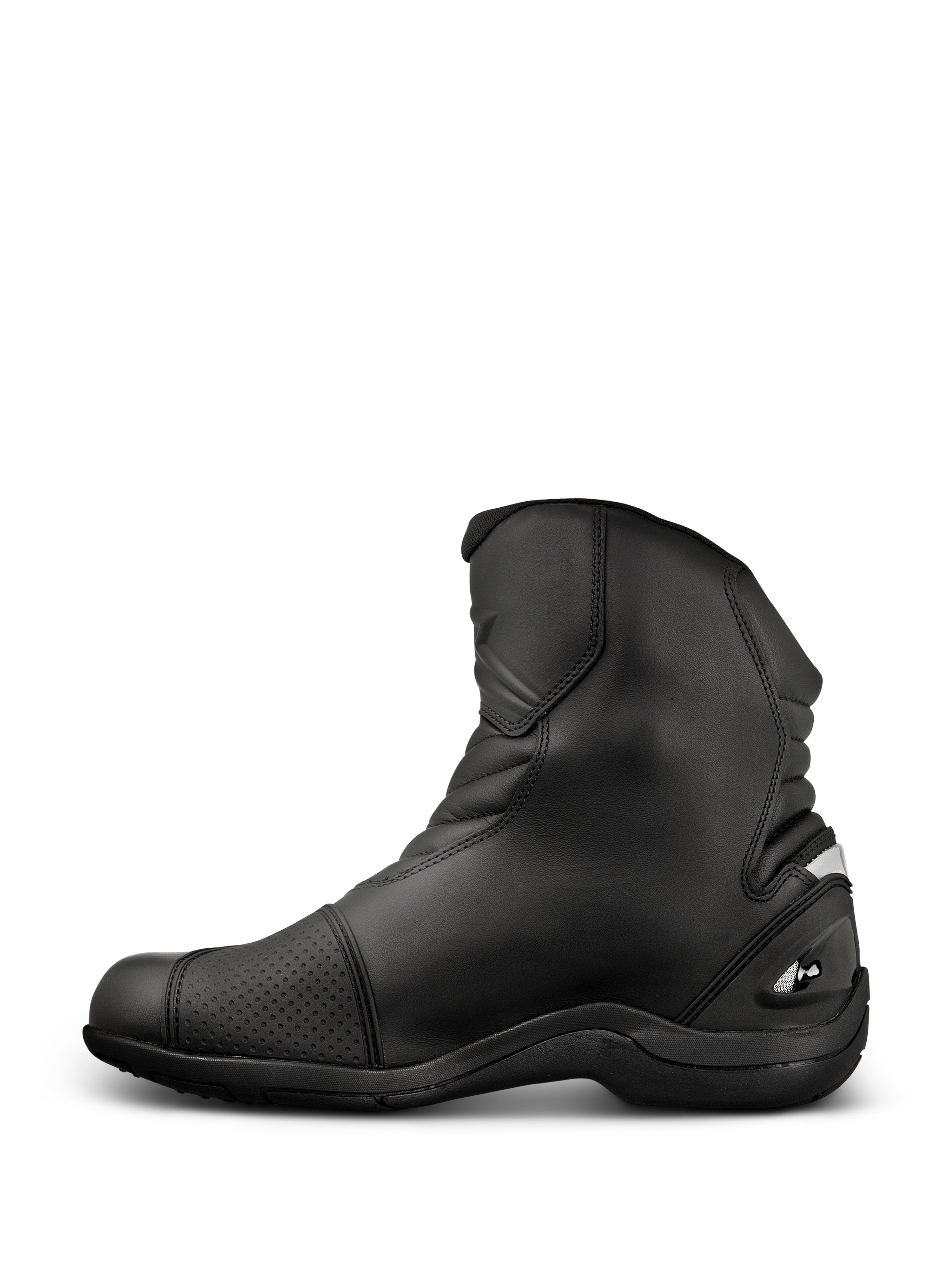 Buty Alpinestars New Land GORE-TEX, turystyczne buty motocyklowe, czarne, średniej wysokości konstrukcja ze skóry pełnoziarnistej, elastyczne strefy typu akordeon, wzmocniona nakładka na dźwignię zmiany biegów, solidna gumowa podeszwa.