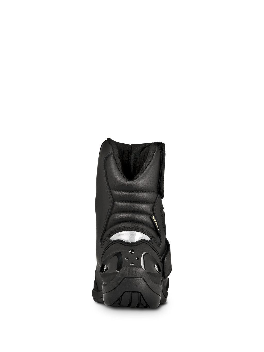 Buty Alpinestars New Land GORE-TEX, turystyczne buty motocyklowe, czarne, widok z tyłu przedstawiający wyściełane harmonijkowe strefy elastyczne, odblaskową wstawkę na pięcie i wytrzymałą gumową podeszwę zewnętrzną.