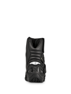 Buty Alpinestars New Land GORE-TEX, turystyczne buty motocyklowe, czarne, widok z tyłu przedstawiający wyściełane harmonijkowe strefy elastyczne, odblaskową wstawkę na pięcie i wytrzymałą gumową podeszwę zewnętrzną.